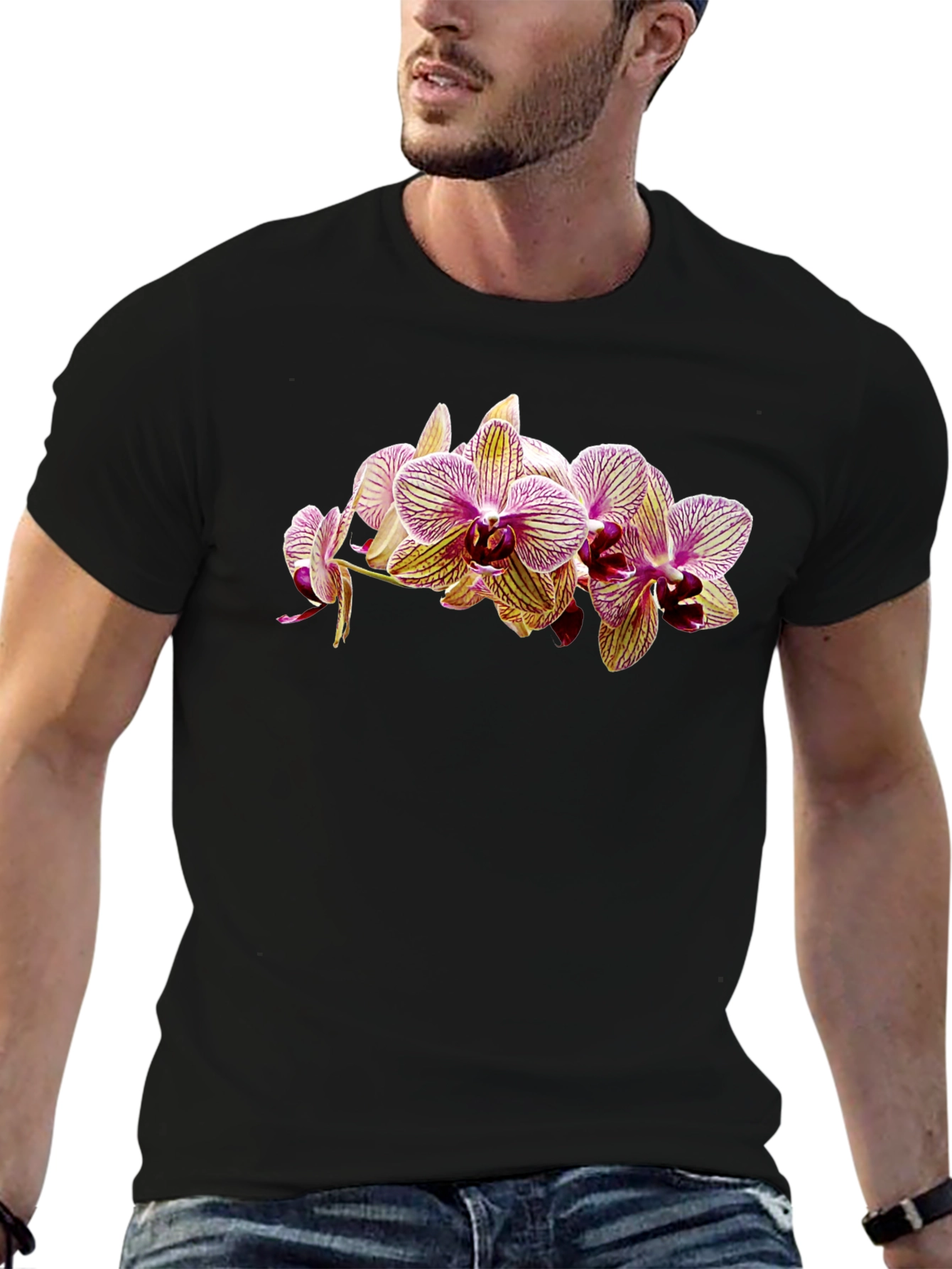 Floral Orchid Print Black T-Shirt