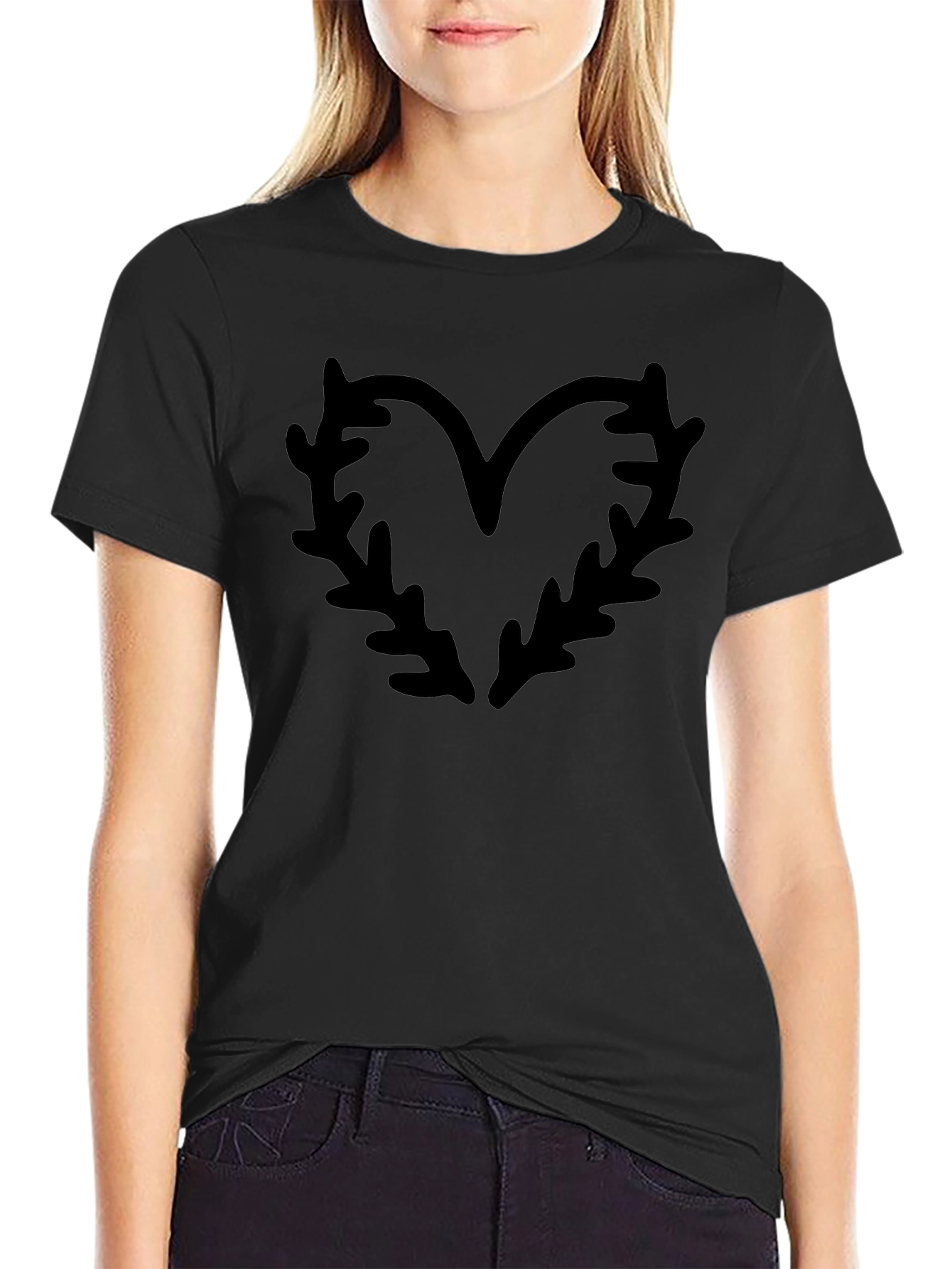 Unique Heart Fern Graphic Black T-Shirt