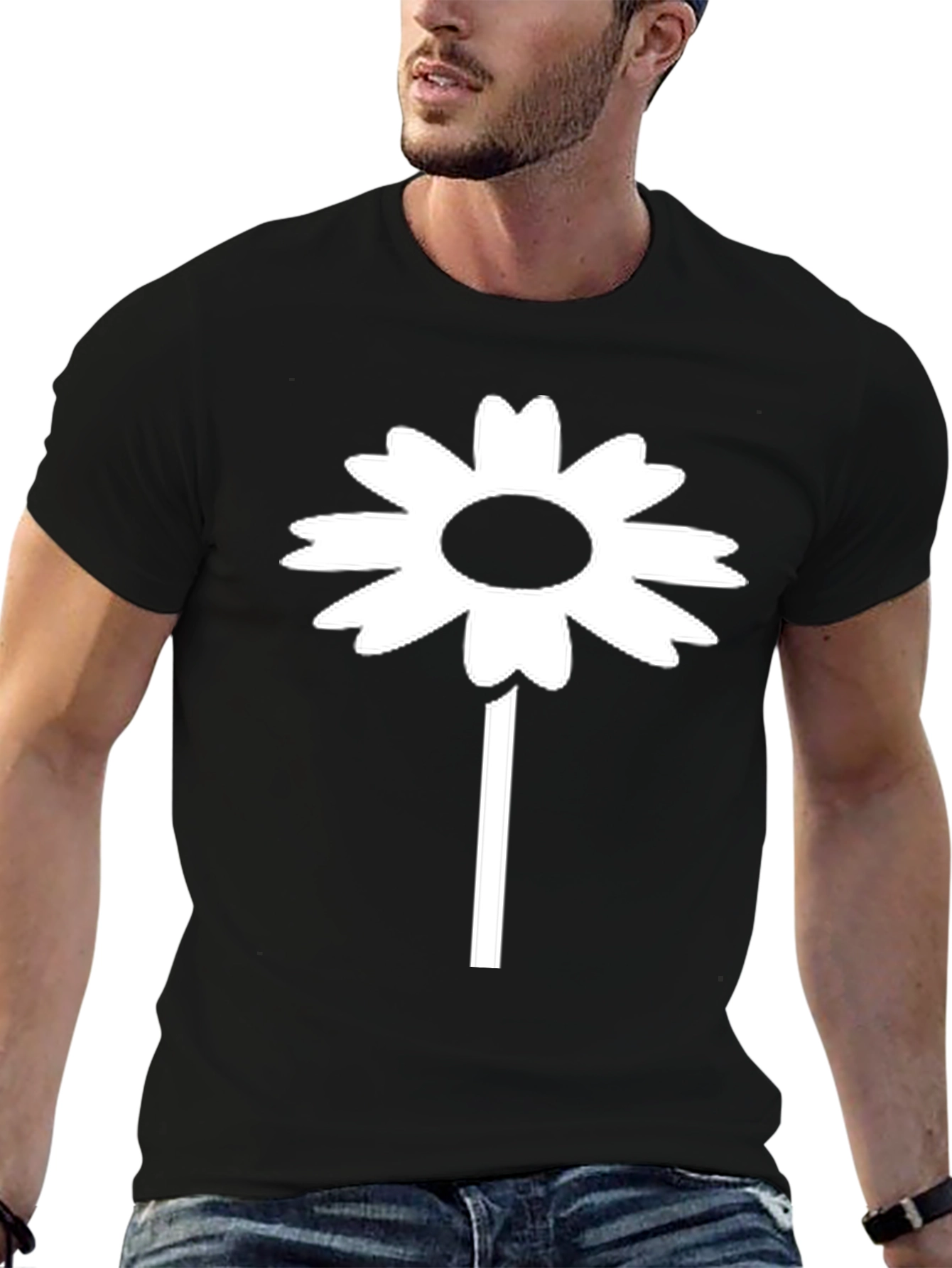 Black T-Shirt with White Daisy Flower Design