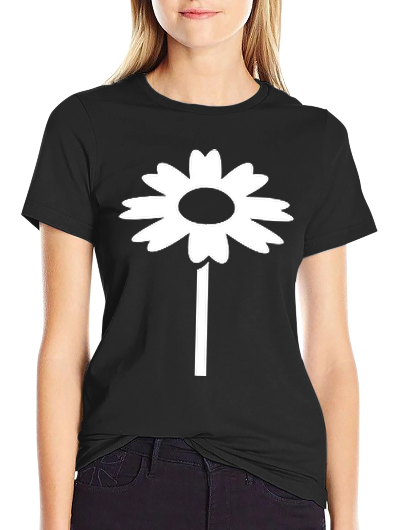 Black T-Shirt with White Daisy Flower Design