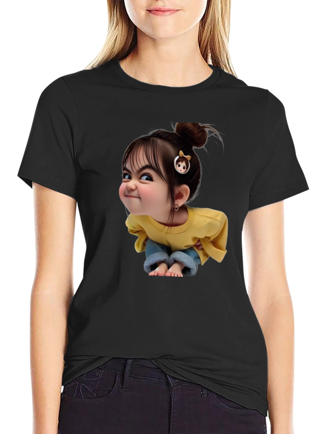 Cartoon Girl Graphic Black T-Shirt