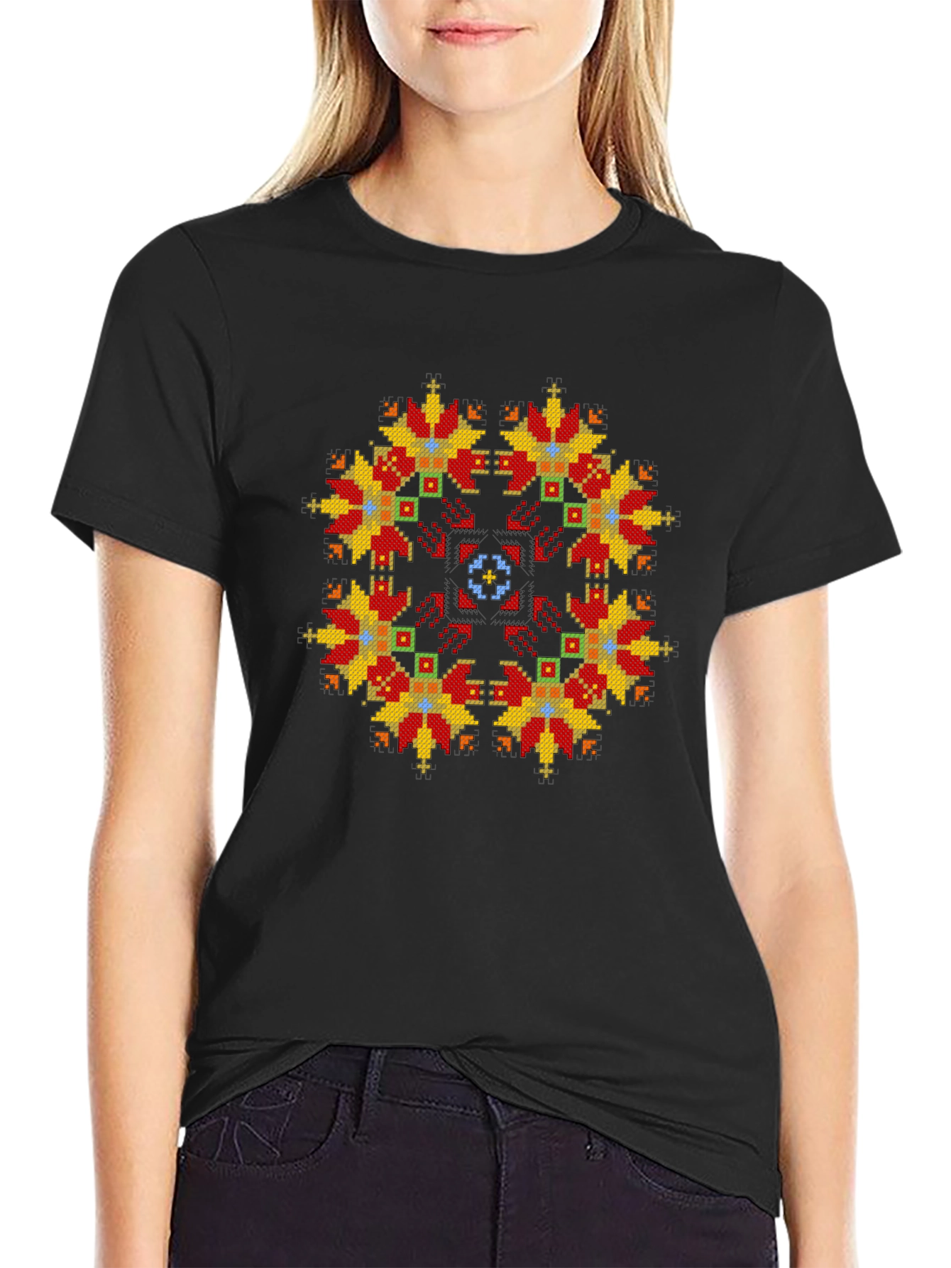 Embroidered Floral Pattern Black T-Shirt
