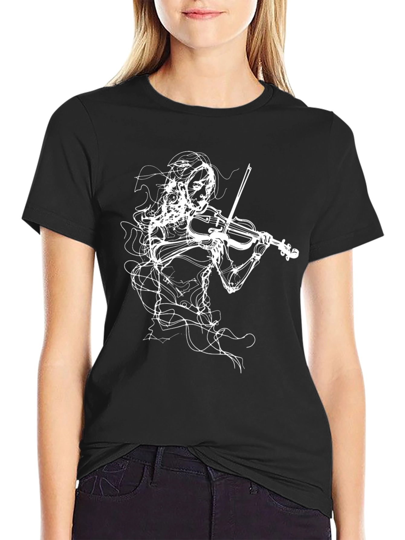 Abstract Violinist Graphic Tee - Black
