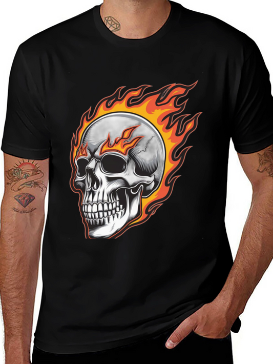 Flaming Skull Graphic Tee - Black Cotton Blend