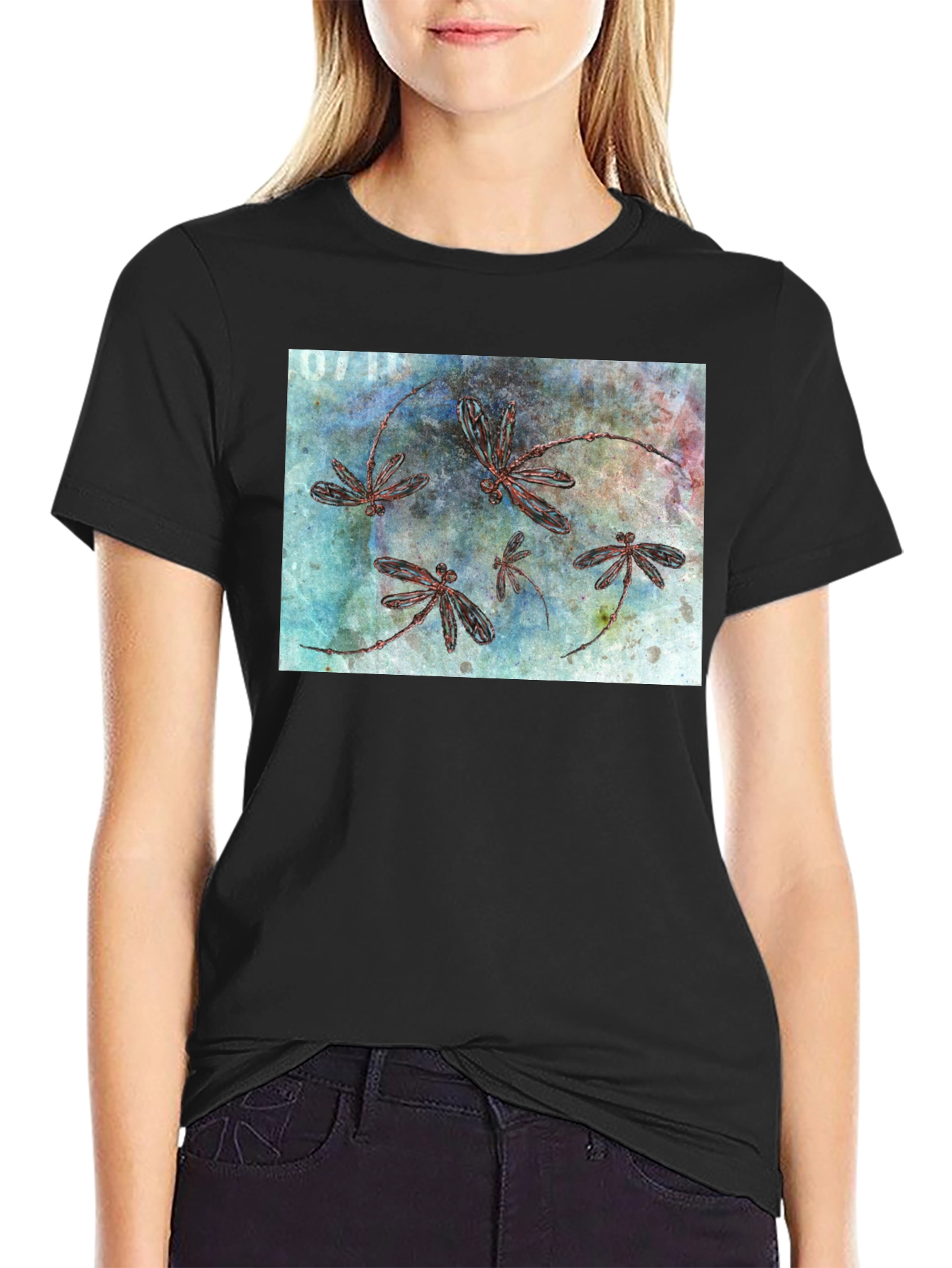 Dragonfly Graphic Print Black T-Shirt