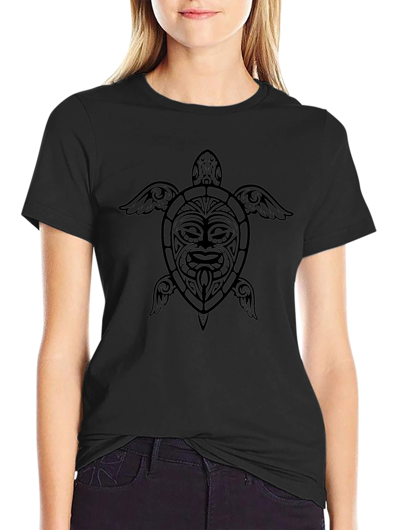 Tribal Turtle Graphic Tee - Black Cotton Blend