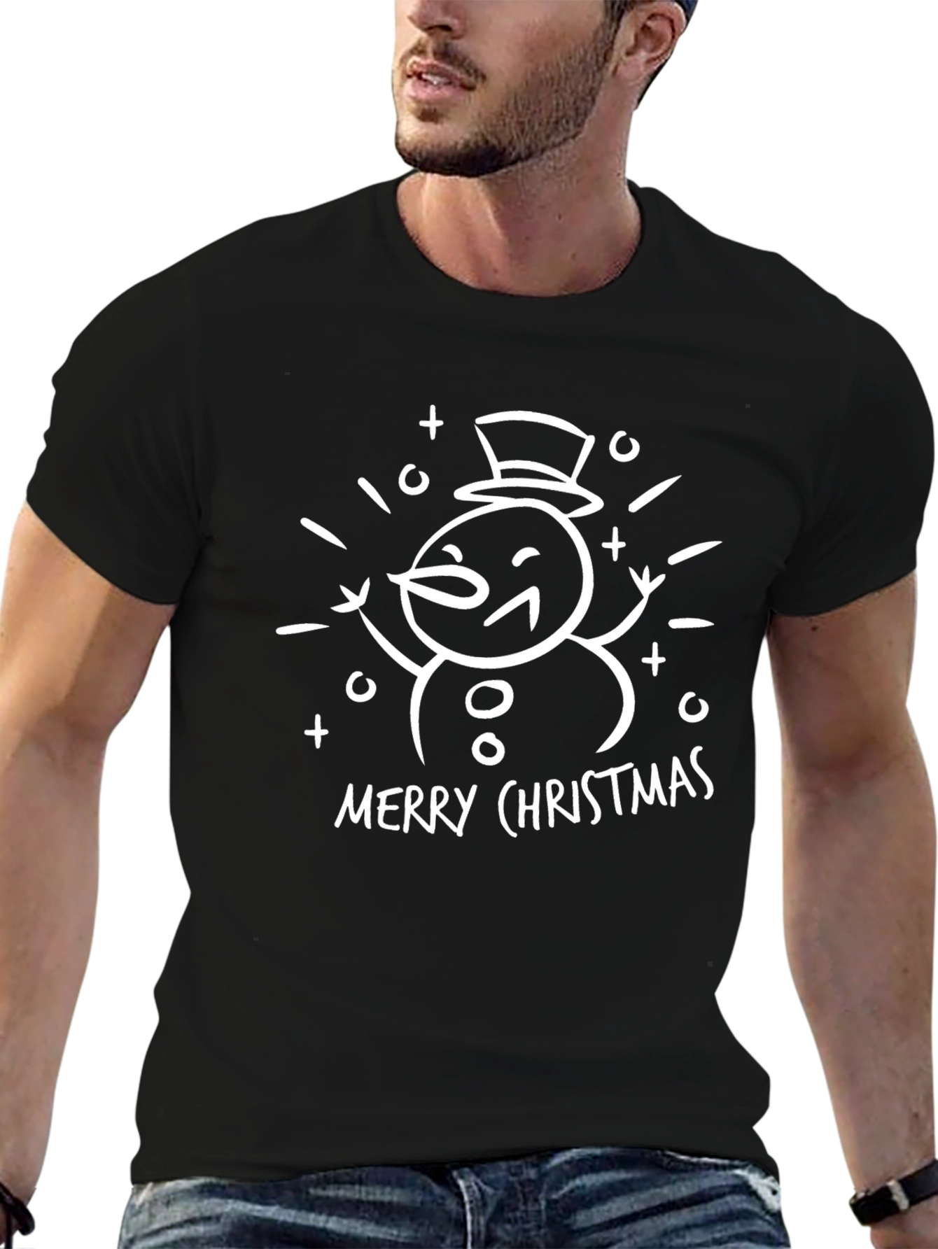 Merry Christmas Snowman Graphic Tee - Black Cotton T-Shirt