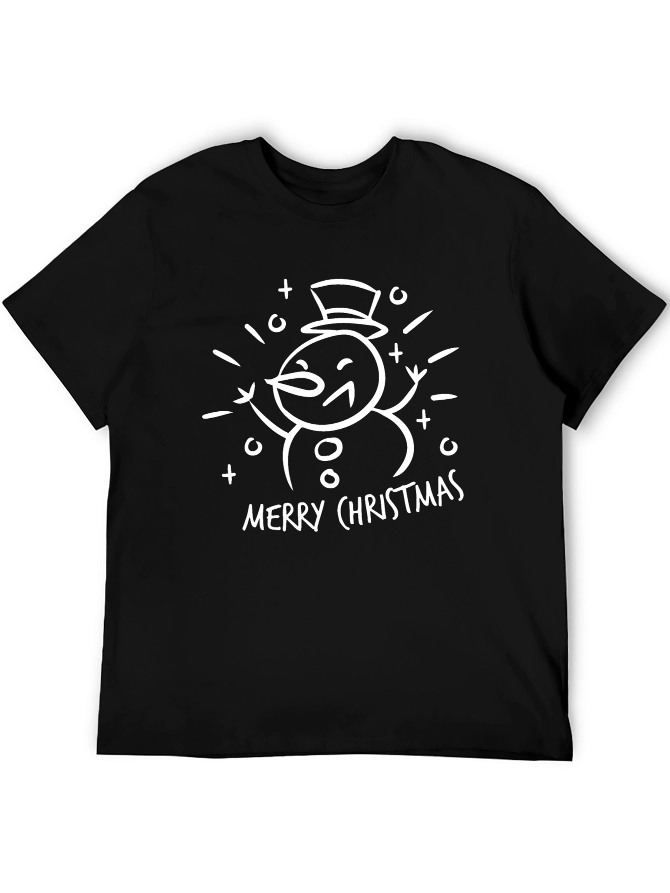 Merry Christmas Snowman Graphic Tee - Black Cotton T-Shirt