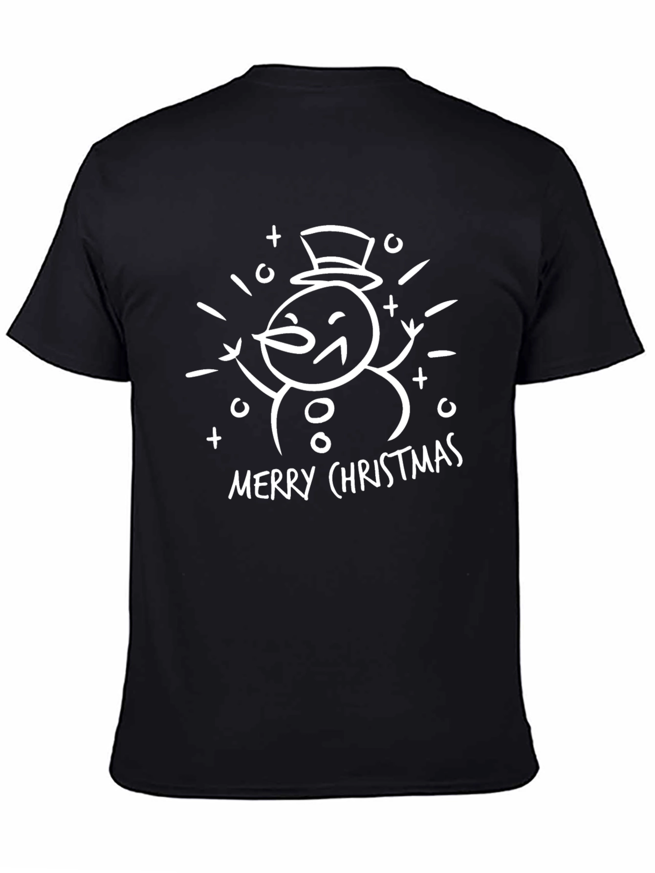 Merry Christmas Snowman Graphic Tee - Black Cotton T-Shirt