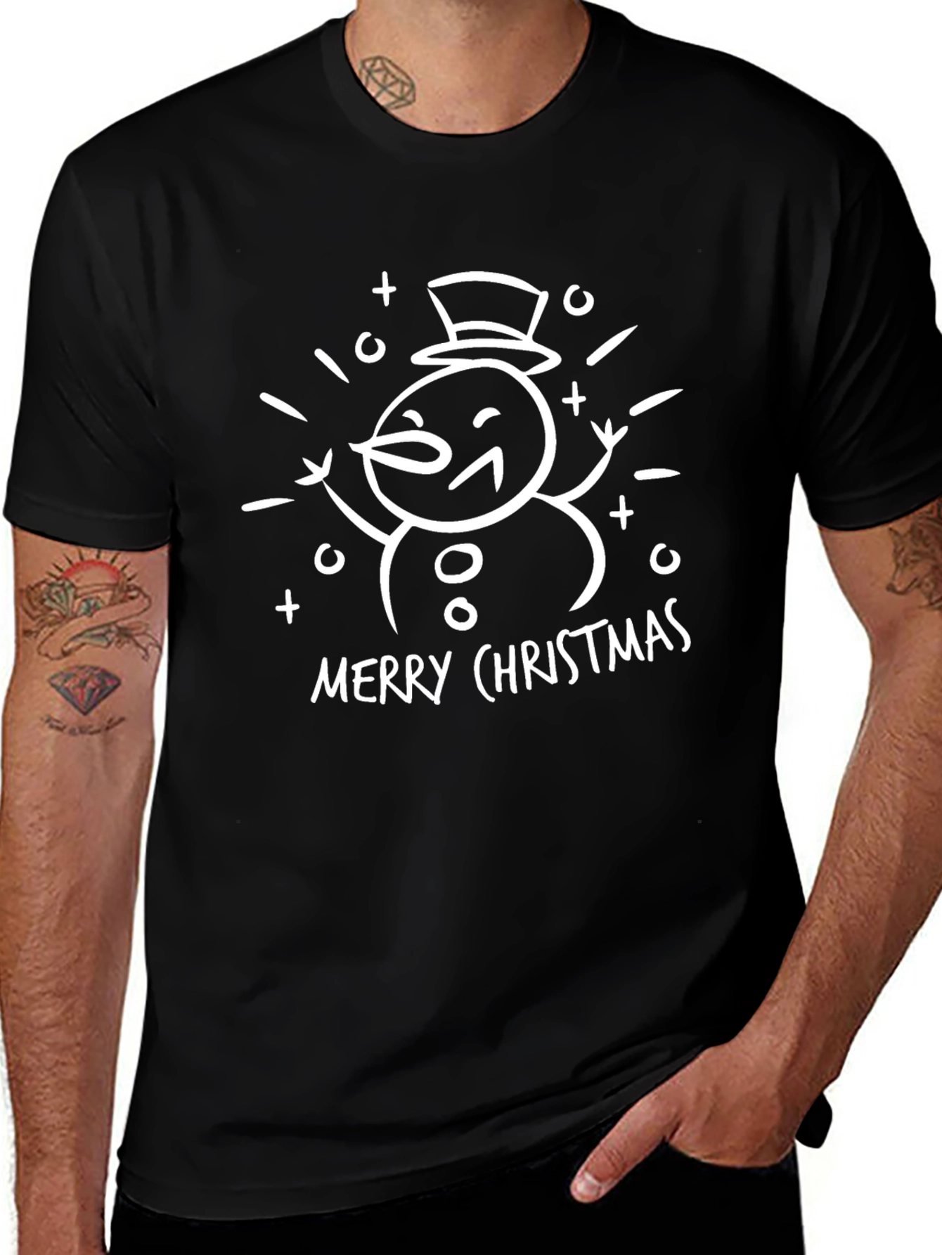 Merry Christmas Snowman Graphic Tee - Black Cotton T-Shirt
