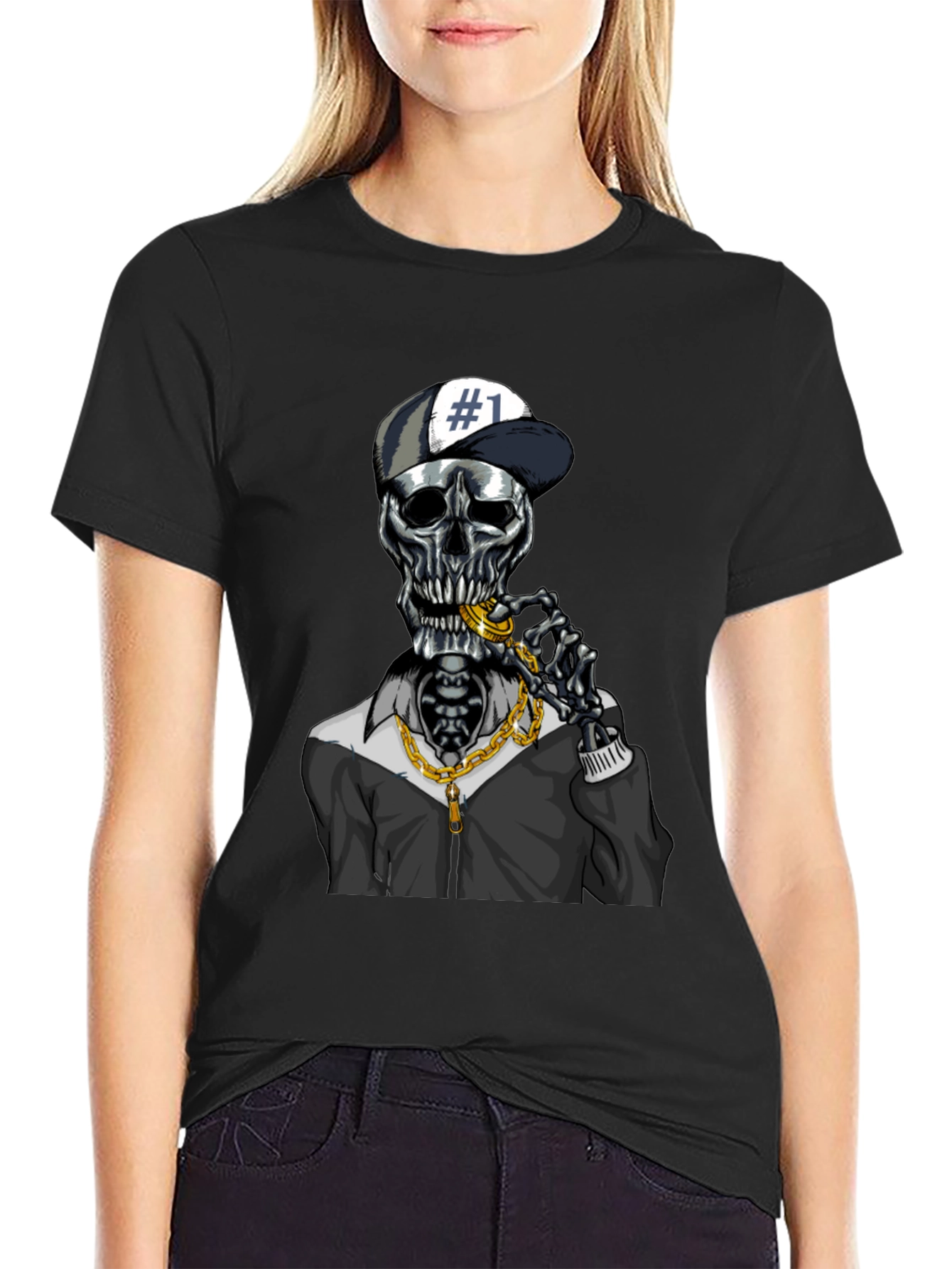 Trendy Skeleton Graphic Tee - Black