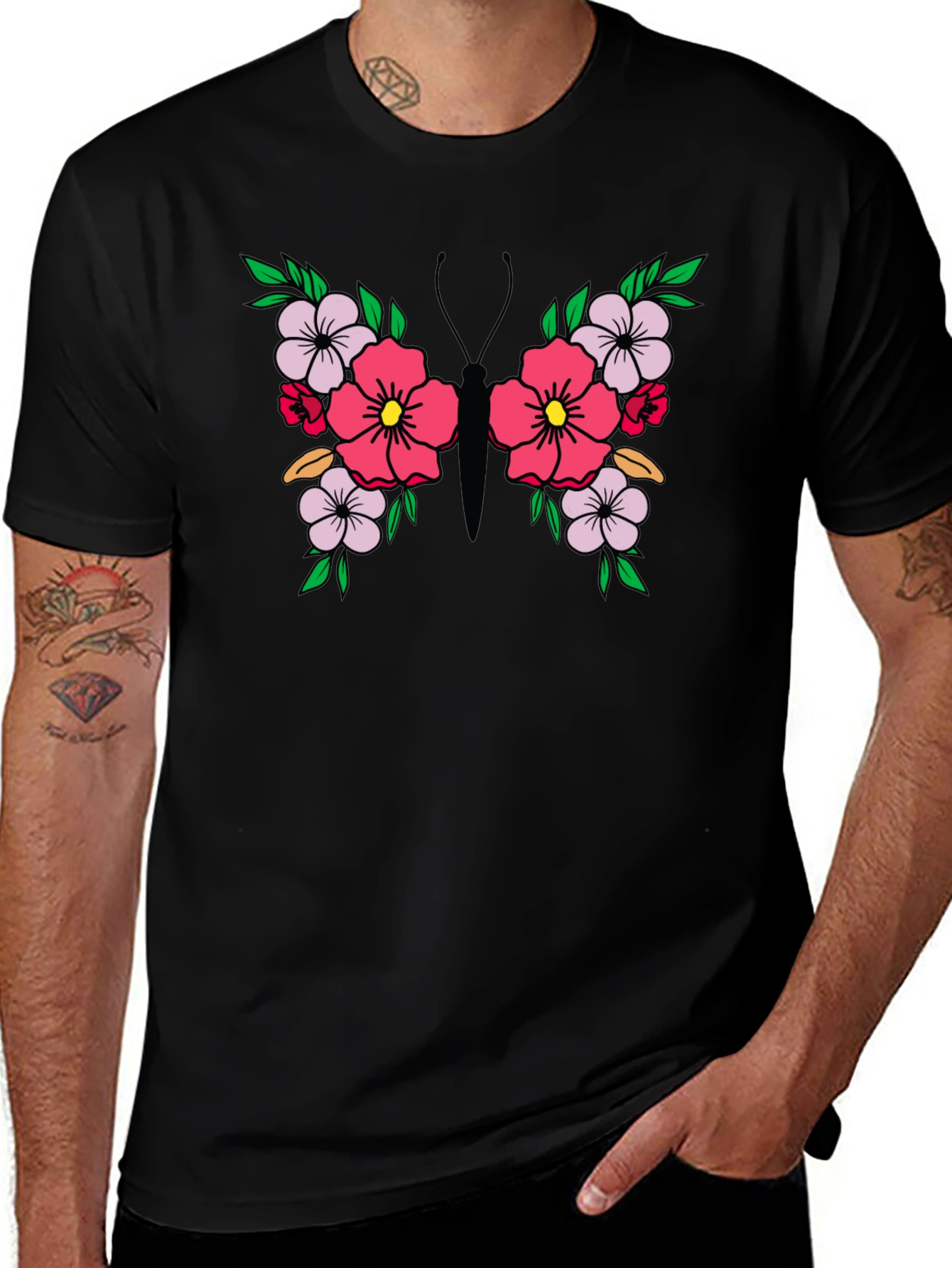 Floral Butterfly Graphic Tee - Black Unisex T-Shirt