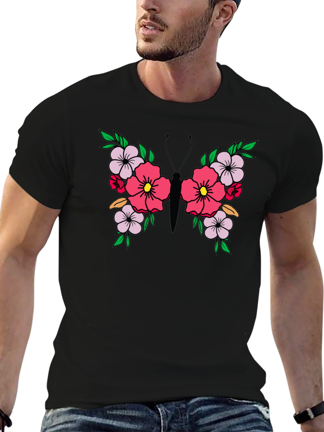 Floral Butterfly Graphic Tee - Black Unisex T-Shirt