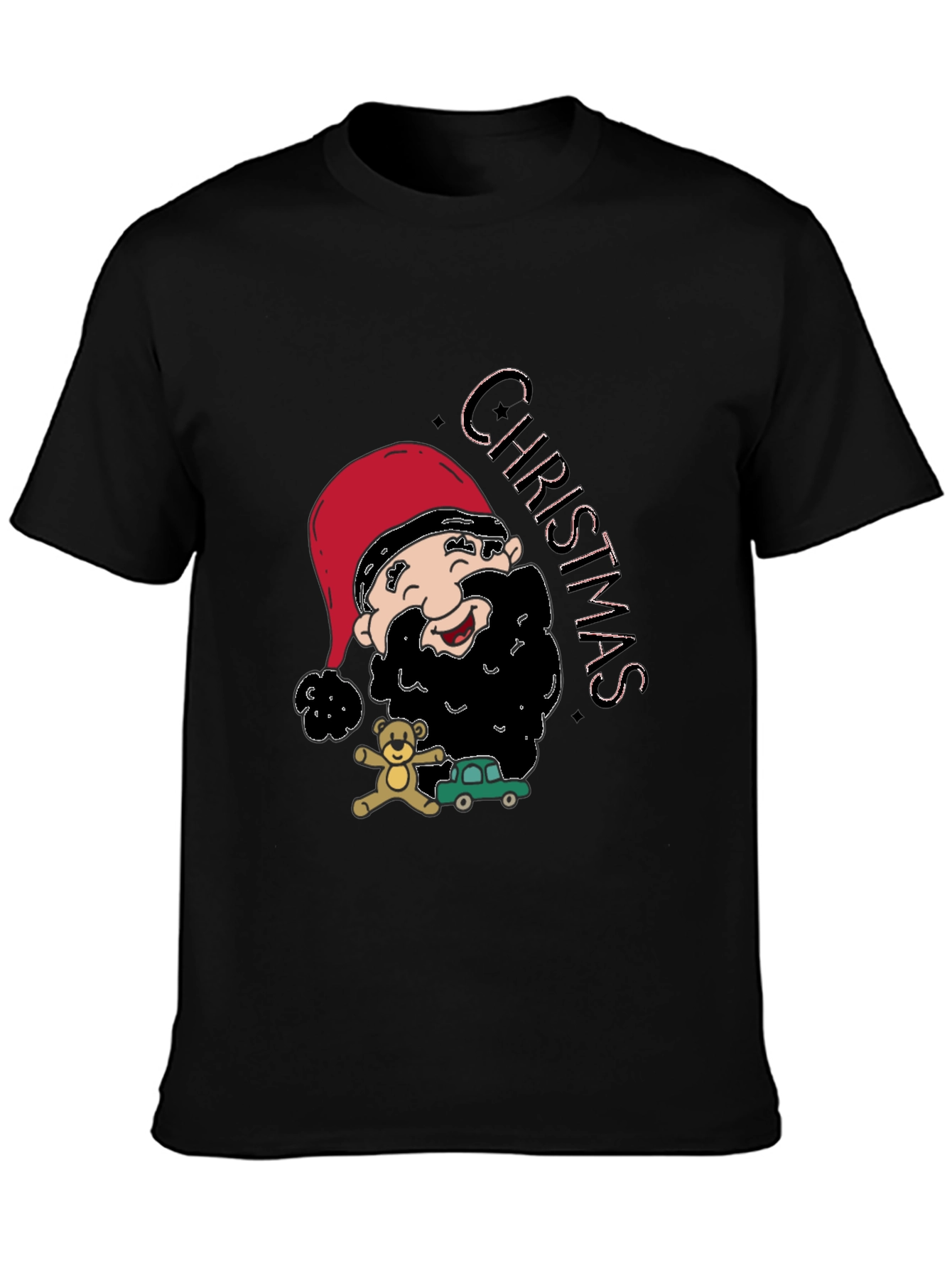 Festive Christmas Cartoon Santa Black T-Shirt