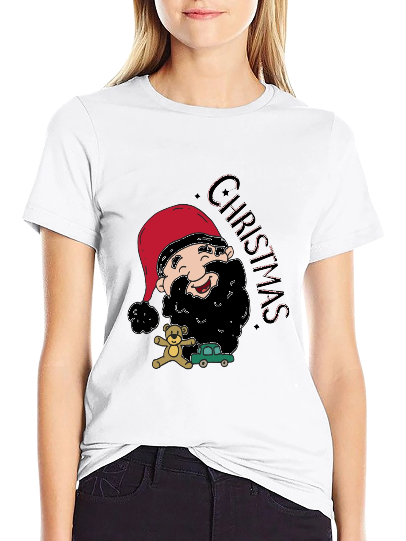Festive Christmas Cartoon Santa Black T-Shirt