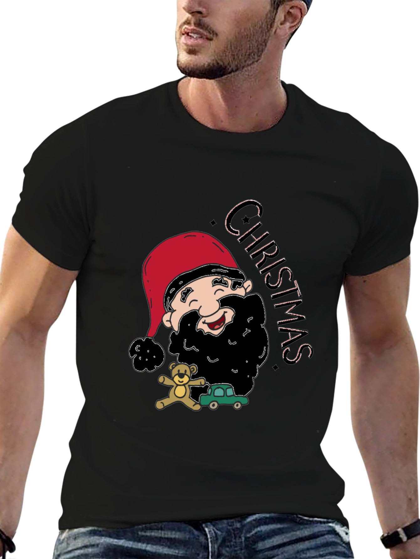 Festive Christmas Cartoon Santa Black T-Shirt