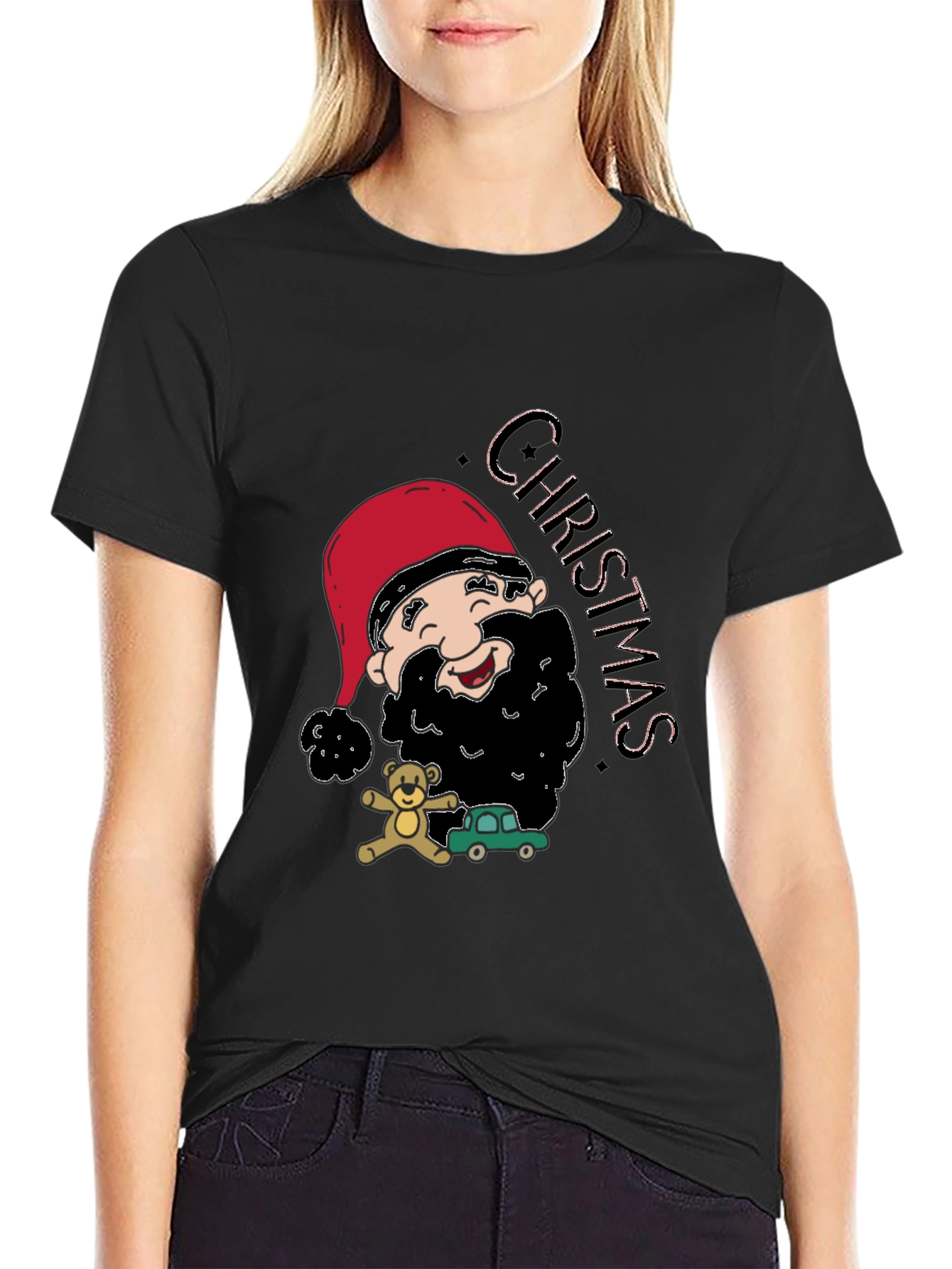Festive Christmas Cartoon Santa Black T-Shirt