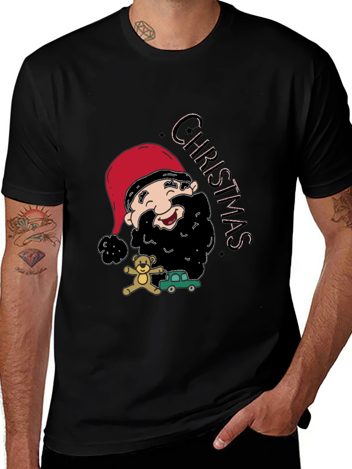 Festive Christmas Cartoon Santa Black T-Shirt