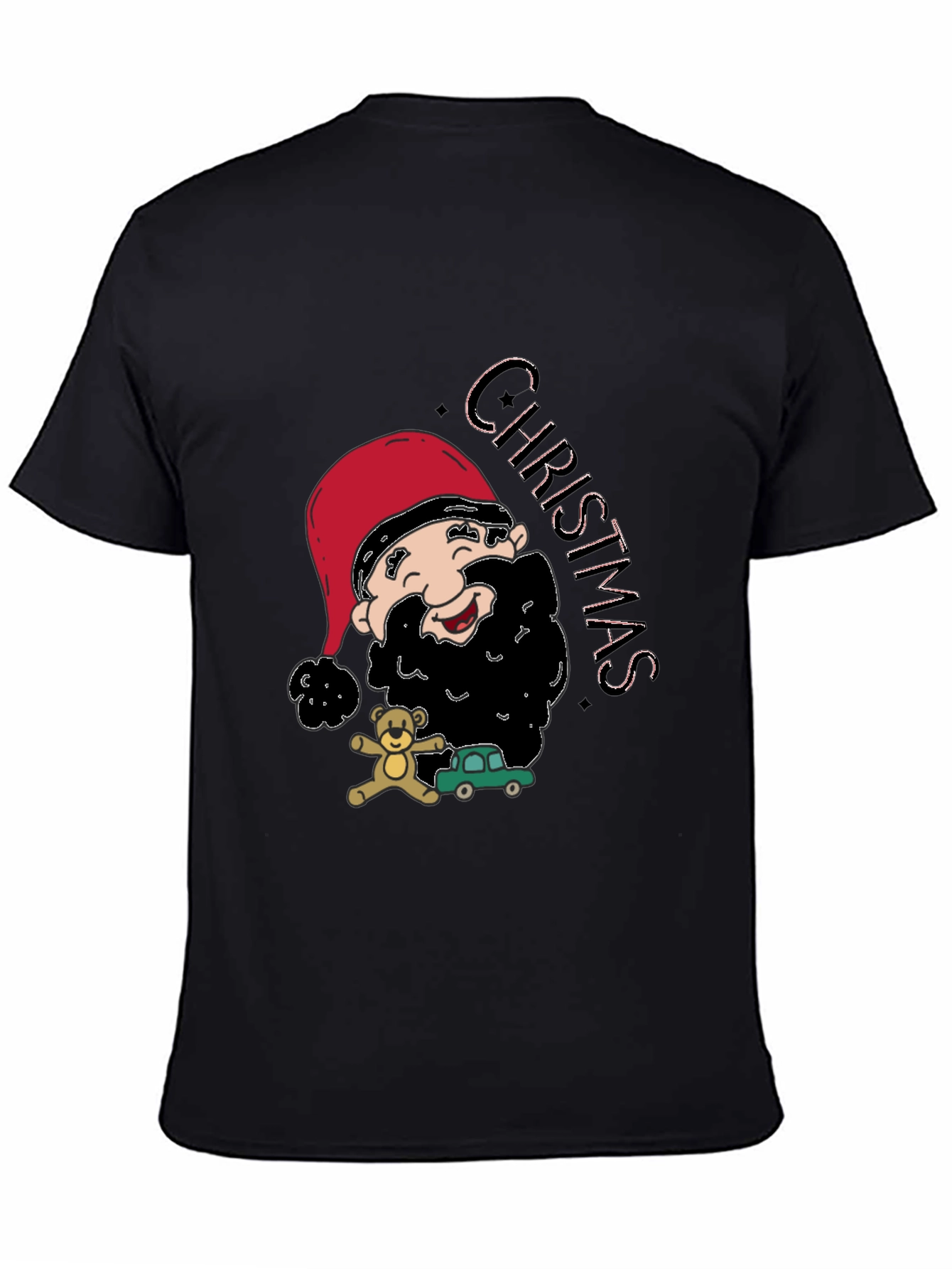 Festive Christmas Cartoon Santa Black T-Shirt