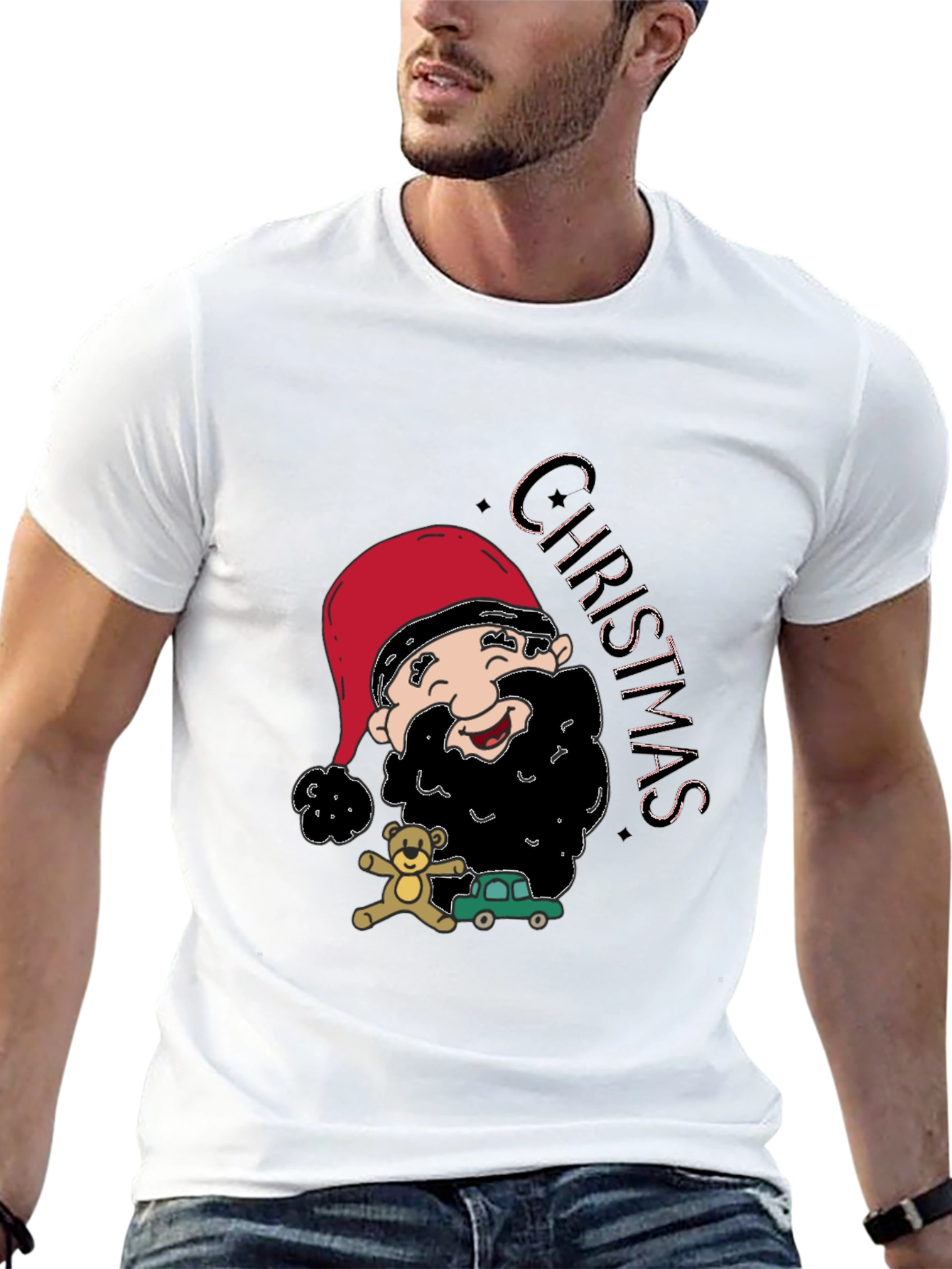 Festive Christmas Cartoon Santa Black T-Shirt
