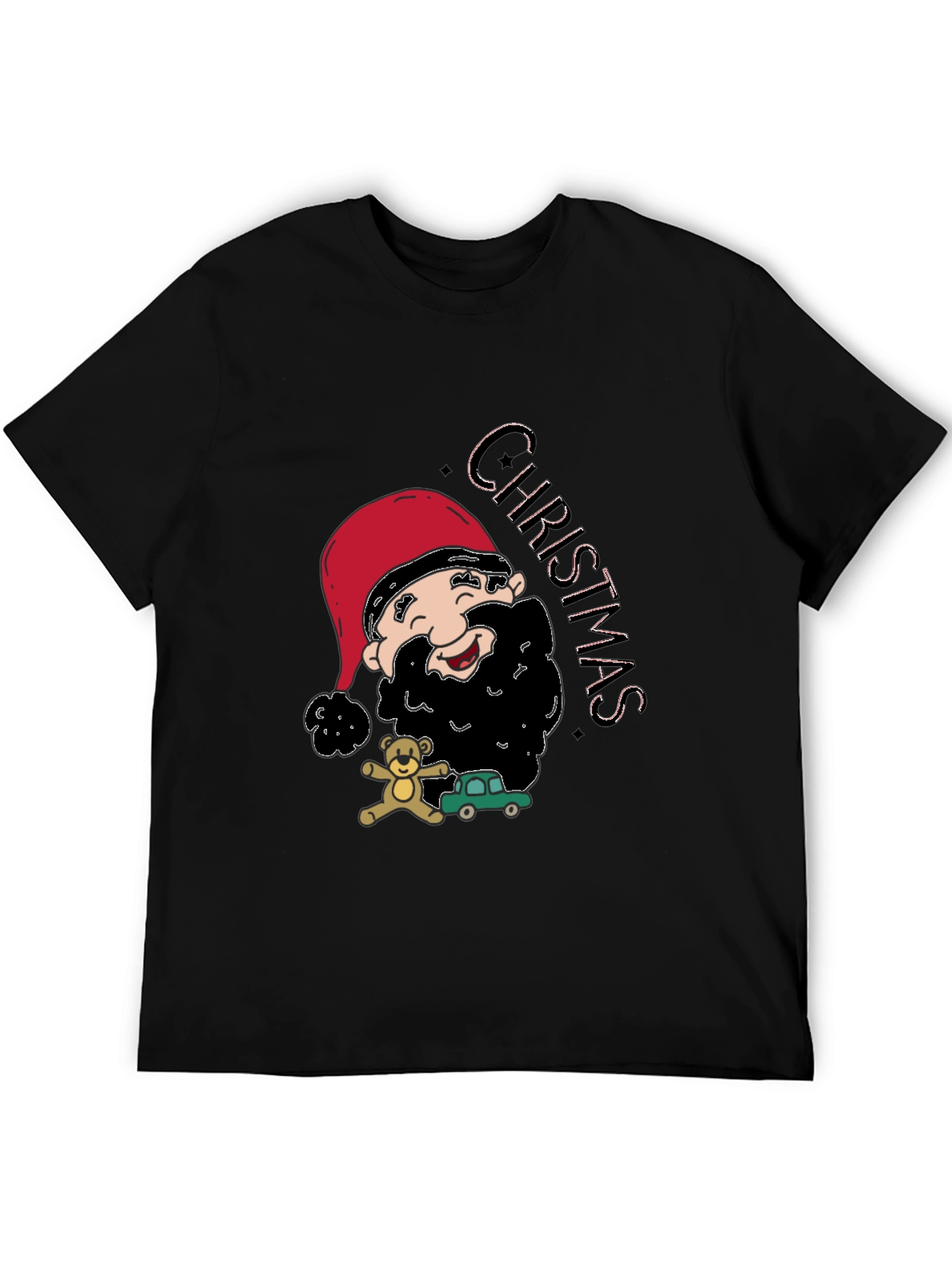 Festive Christmas Cartoon Santa Black T-Shirt