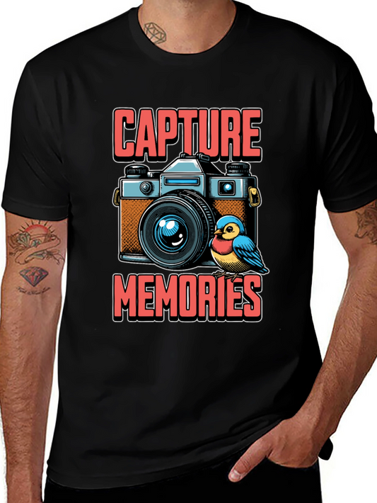 Capture Memories Graphic T-Shirt - Camera & Bird Design