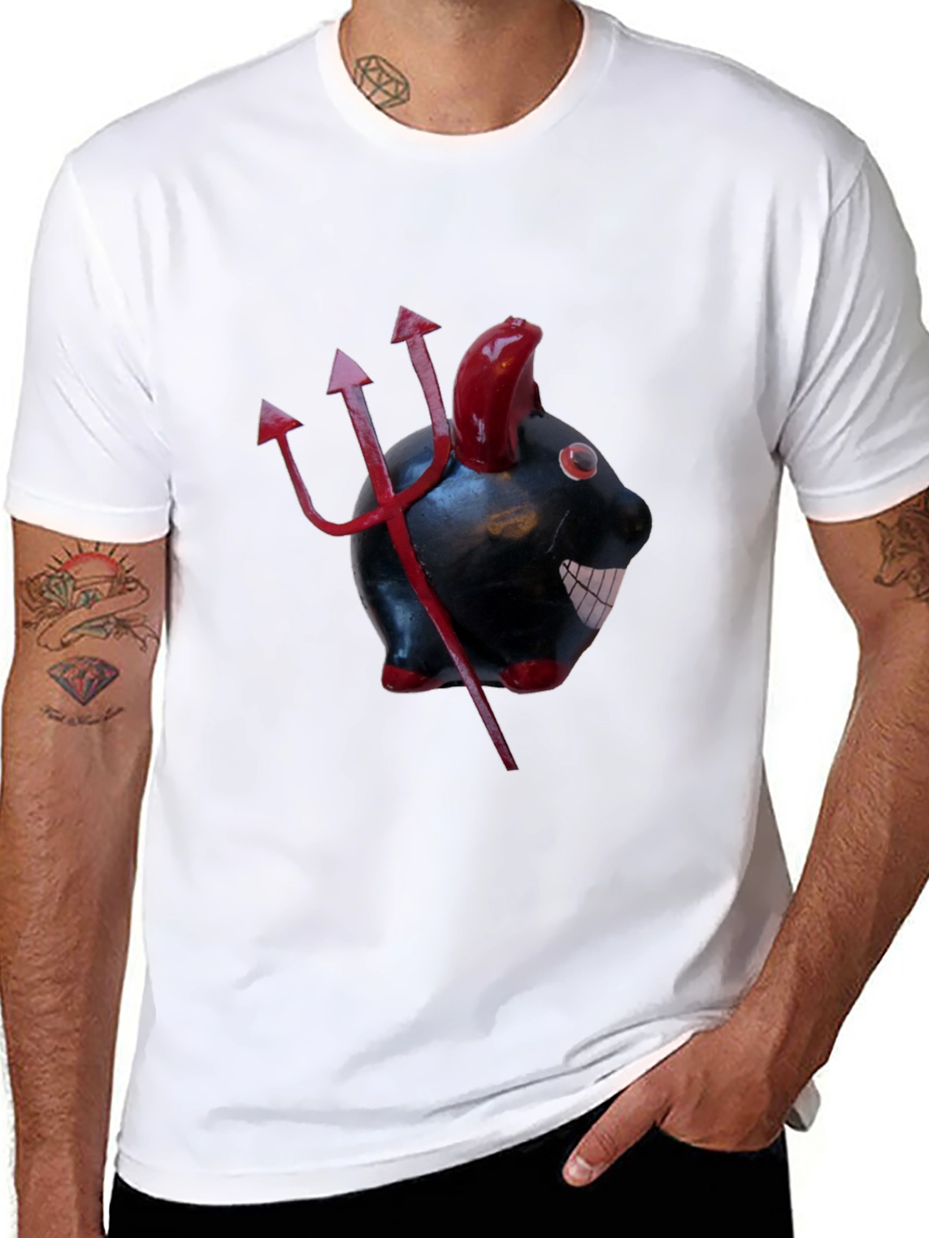 Devil Piggy Bank Graphic Tee - Black Cotton T-Shirt