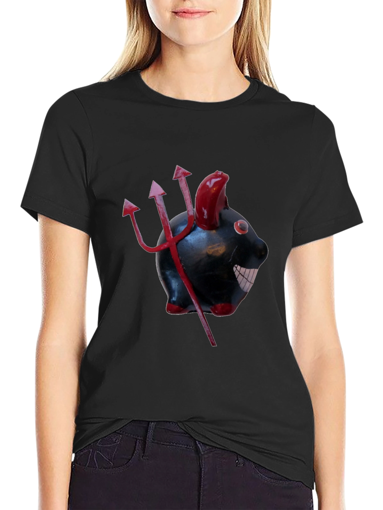 Devil Piggy Bank Graphic Tee - Black Cotton T-Shirt