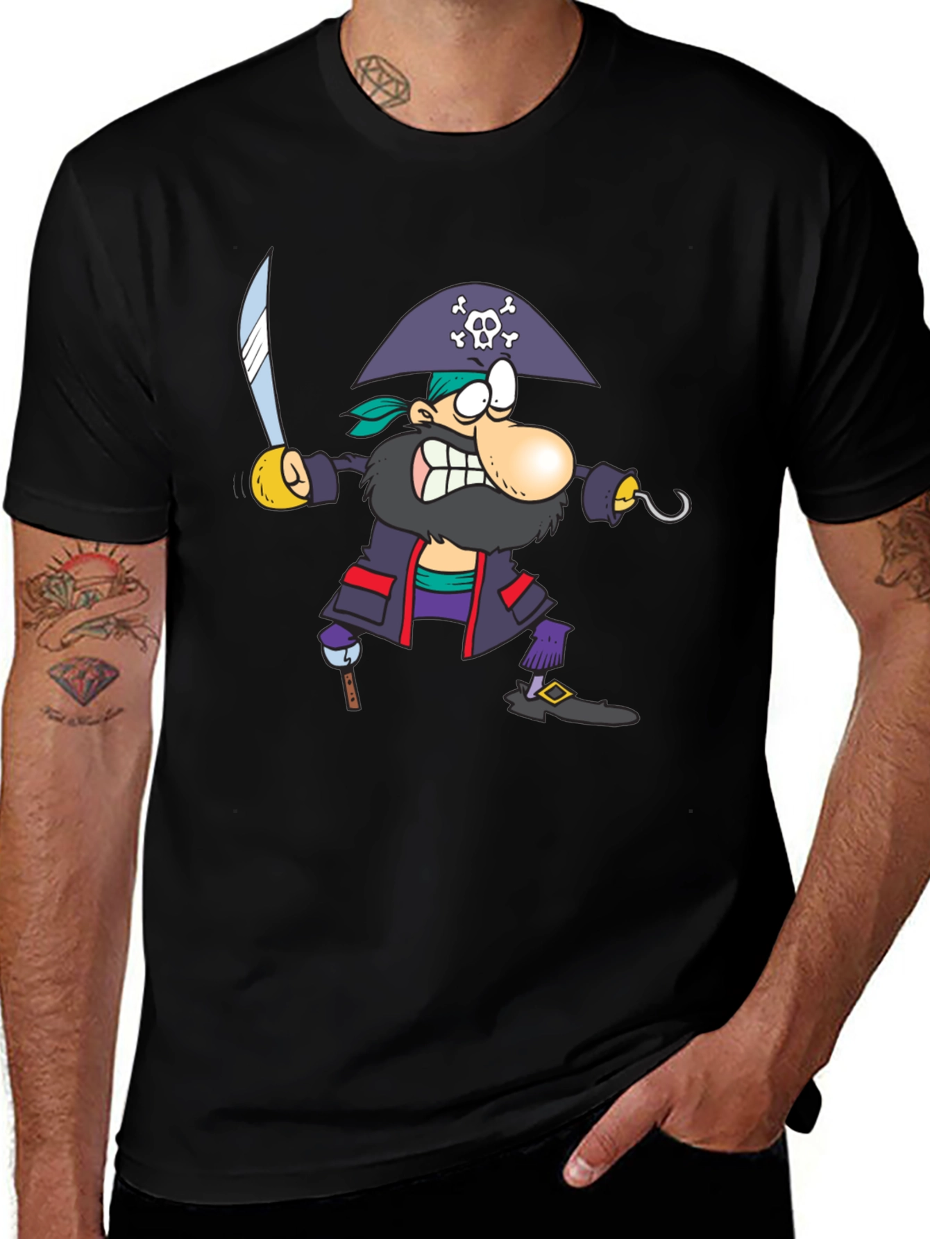 Pirate Cartoon Graphic Black T-Shirt