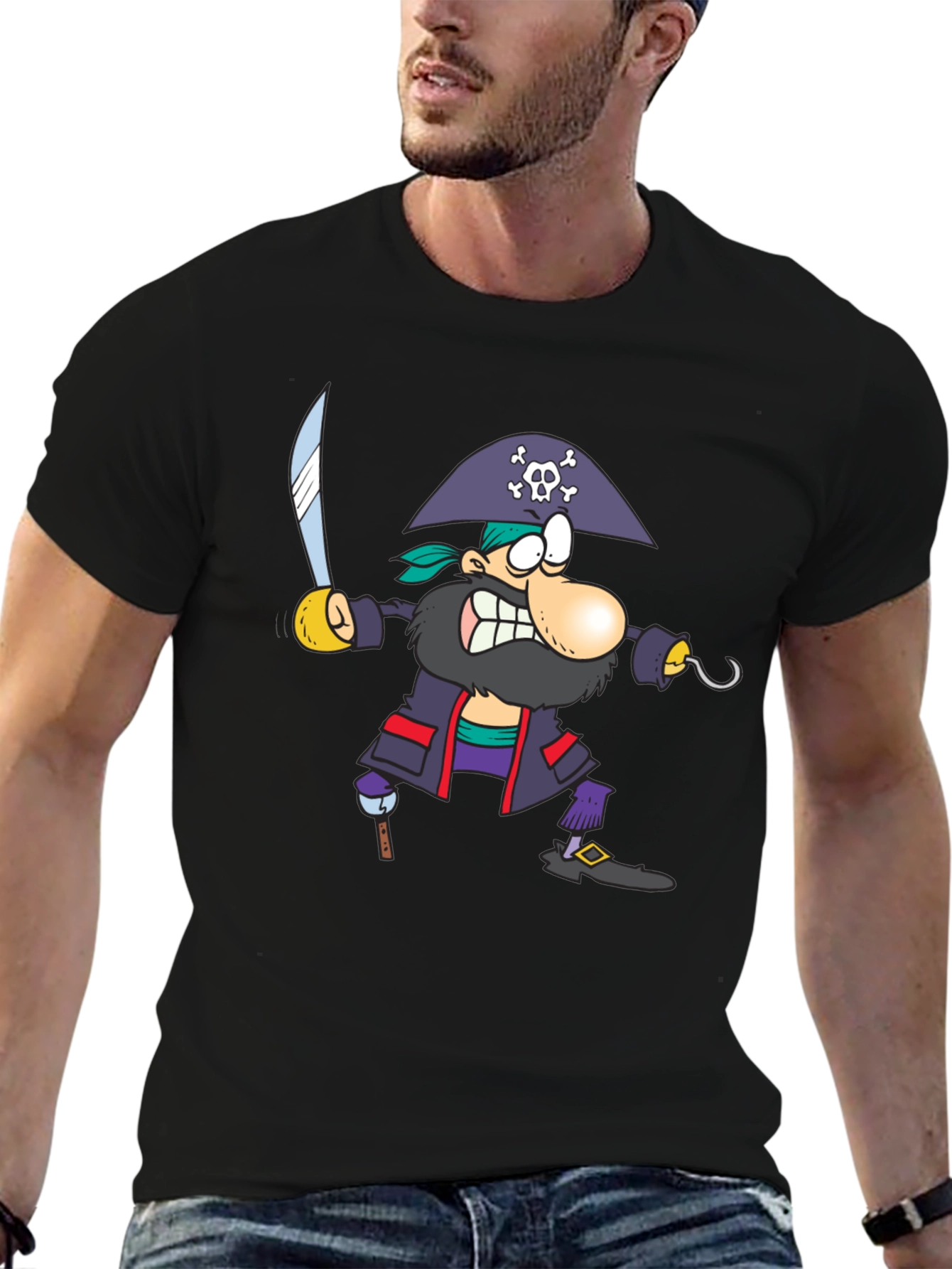Pirate Cartoon Graphic Black T-Shirt