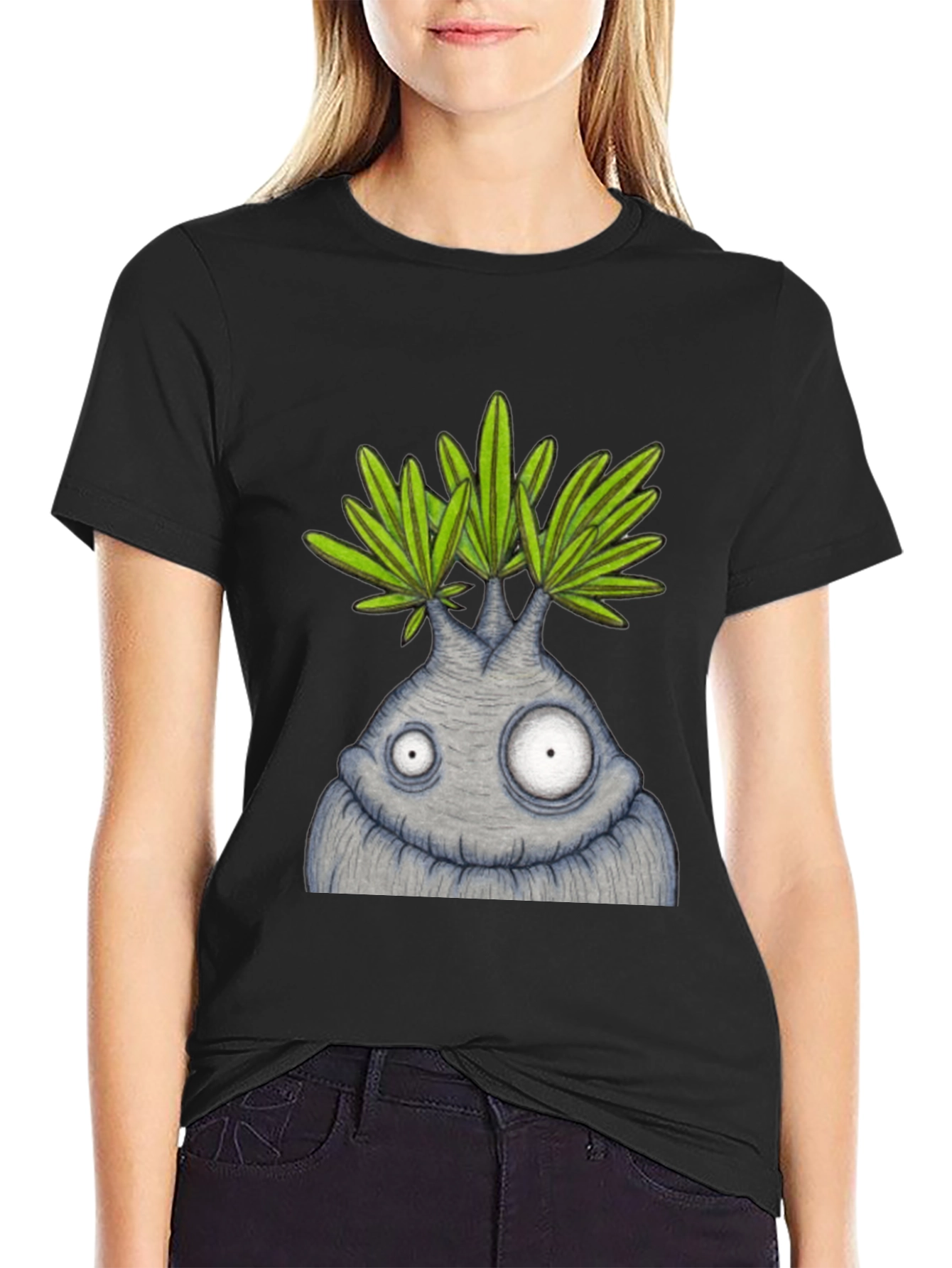 Funny Plant Character Graphic Tee - Black