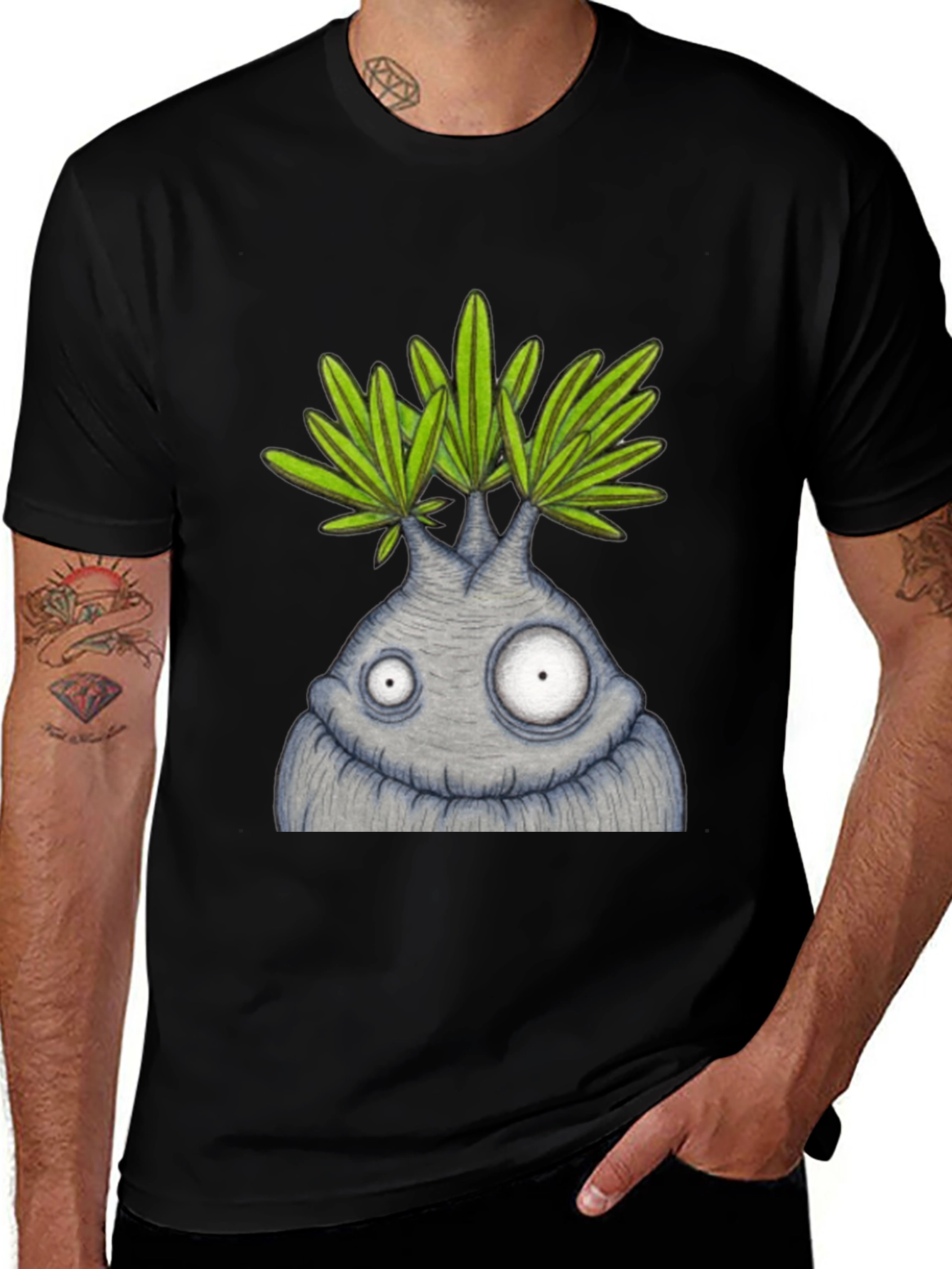 Funny Plant Character Graphic Tee - Black