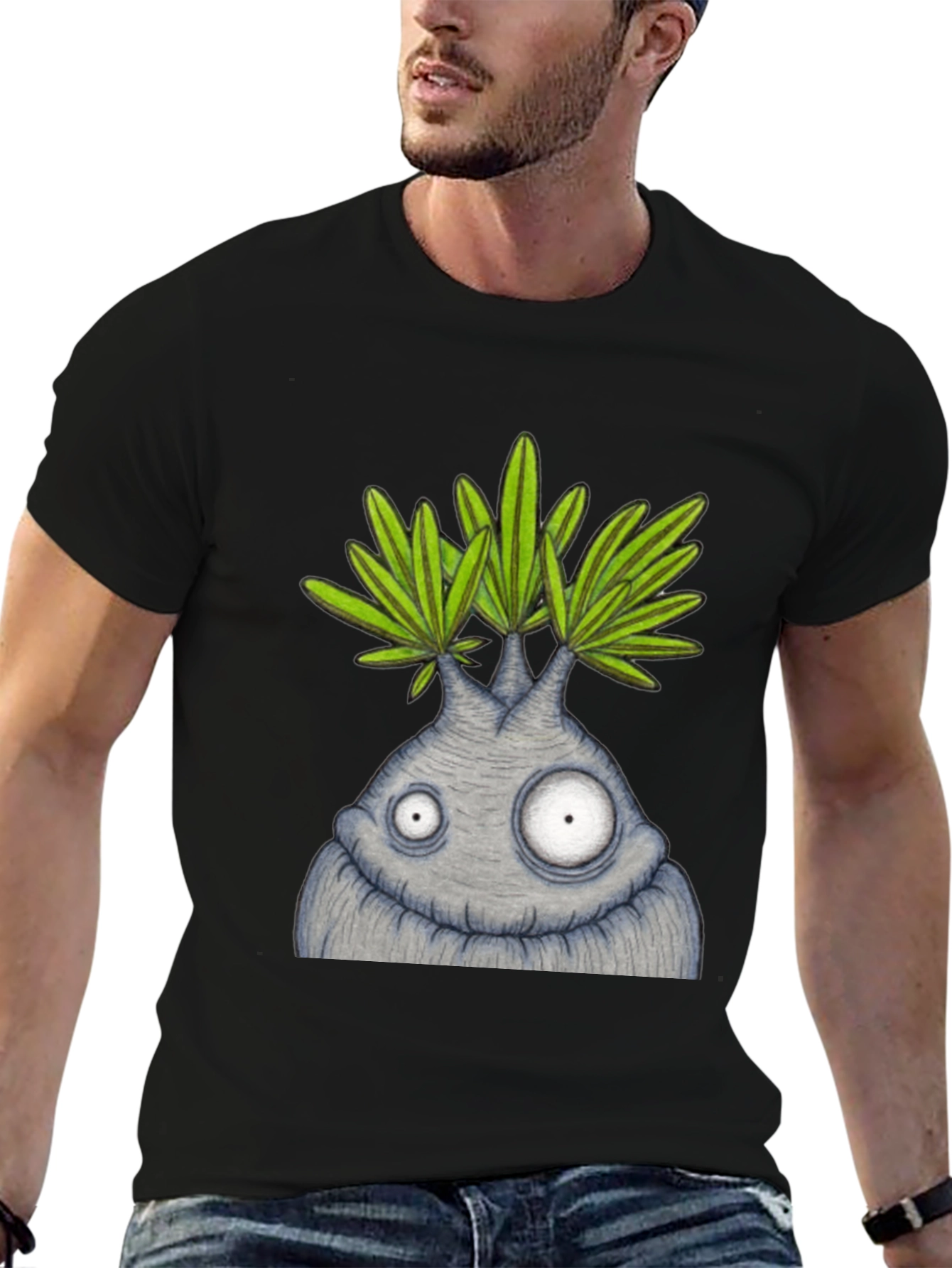 Funny Plant Character Graphic Tee - Black