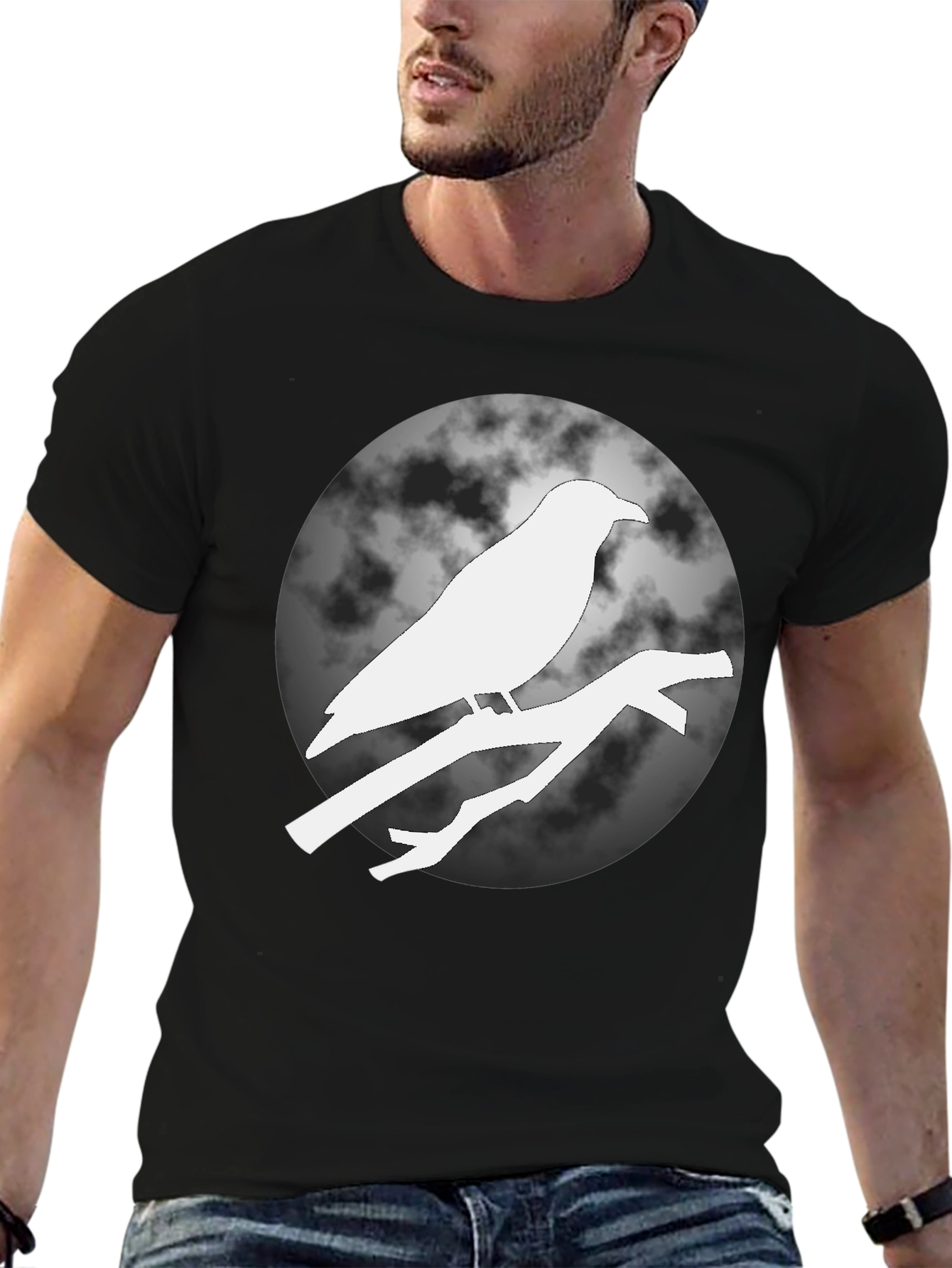 Raven on Branch Moon T-Shirt - Black