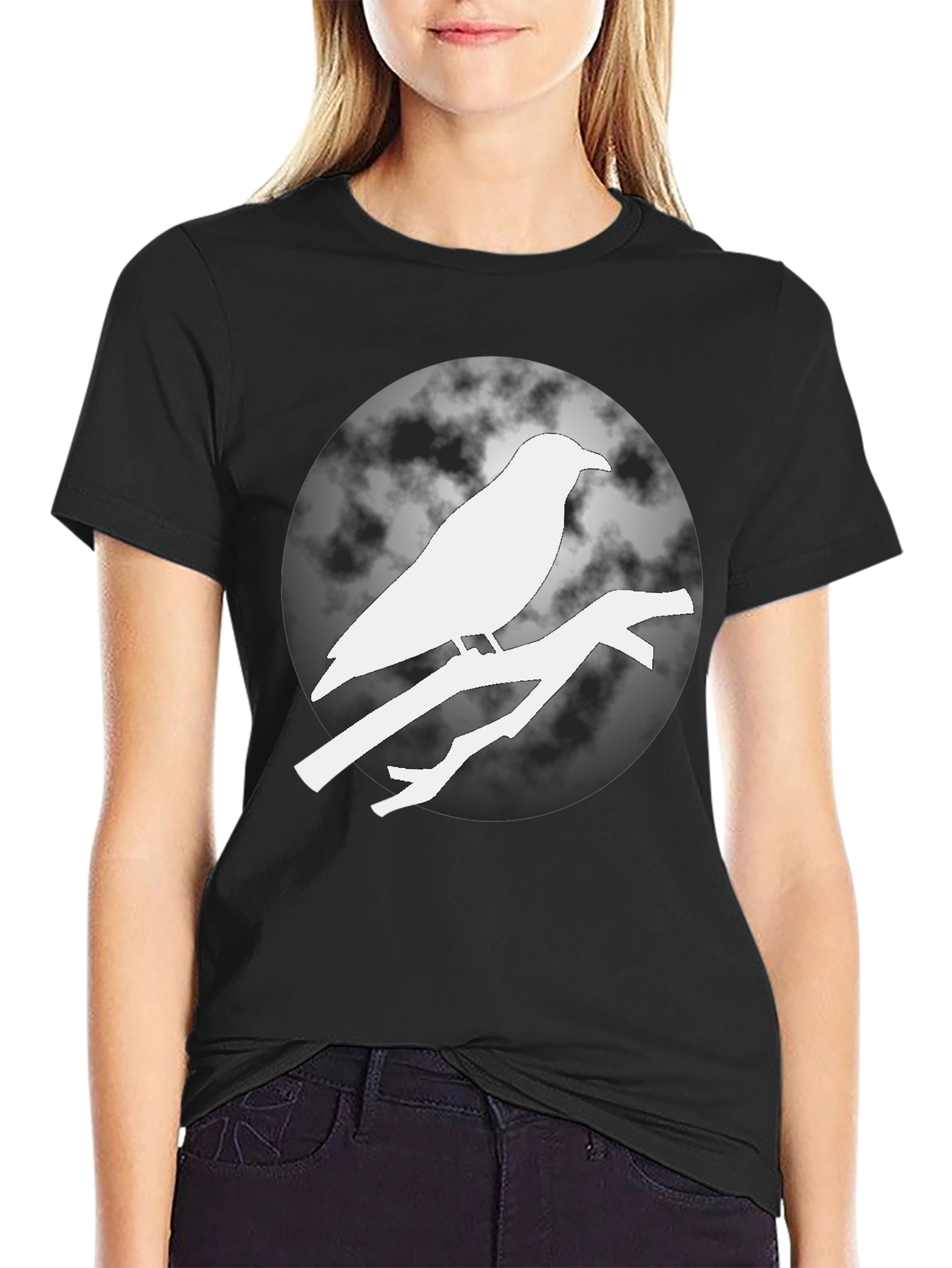 Raven on Branch Moon T-Shirt - Black