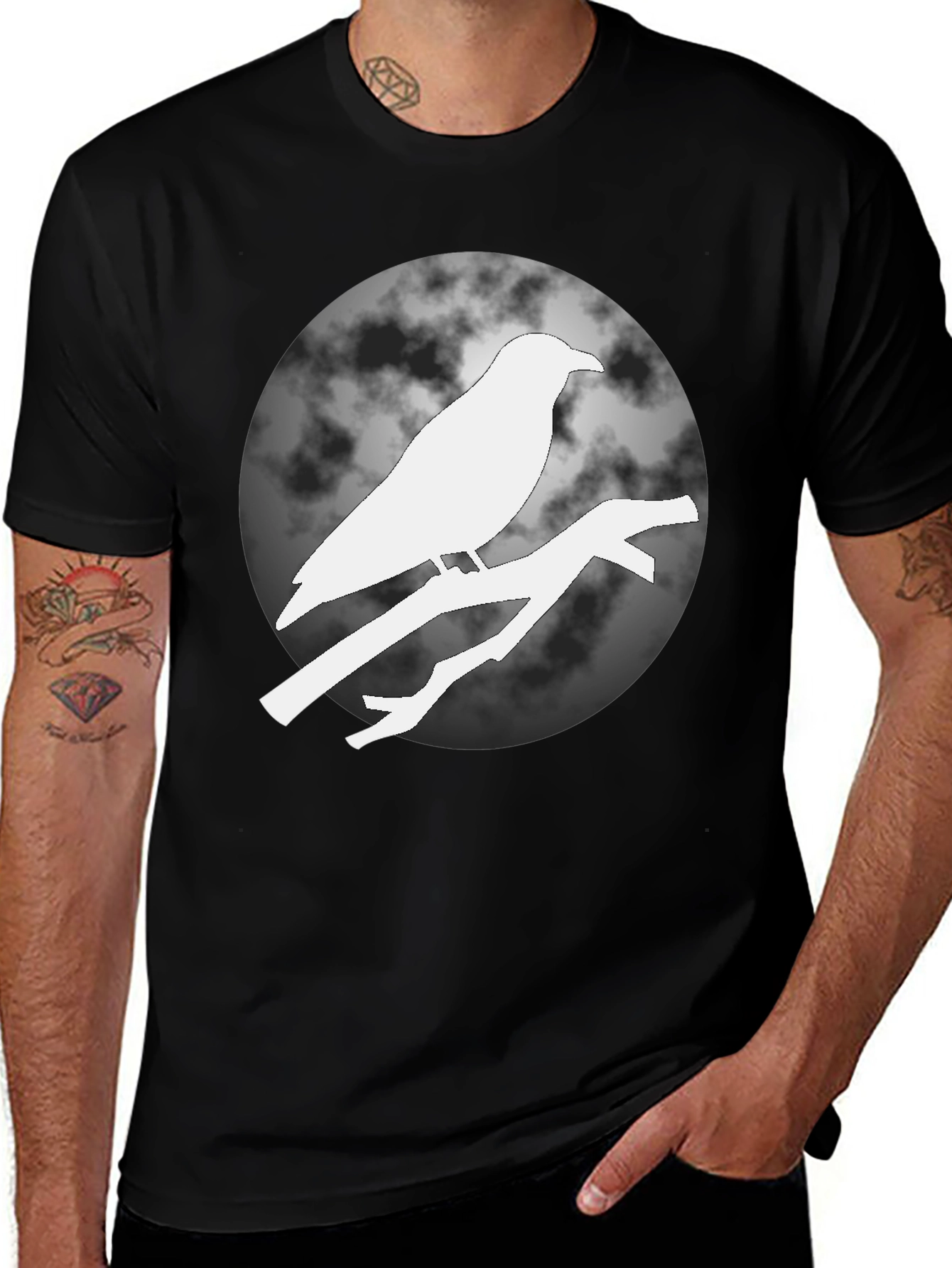 Raven on Branch Moon T-Shirt - Black