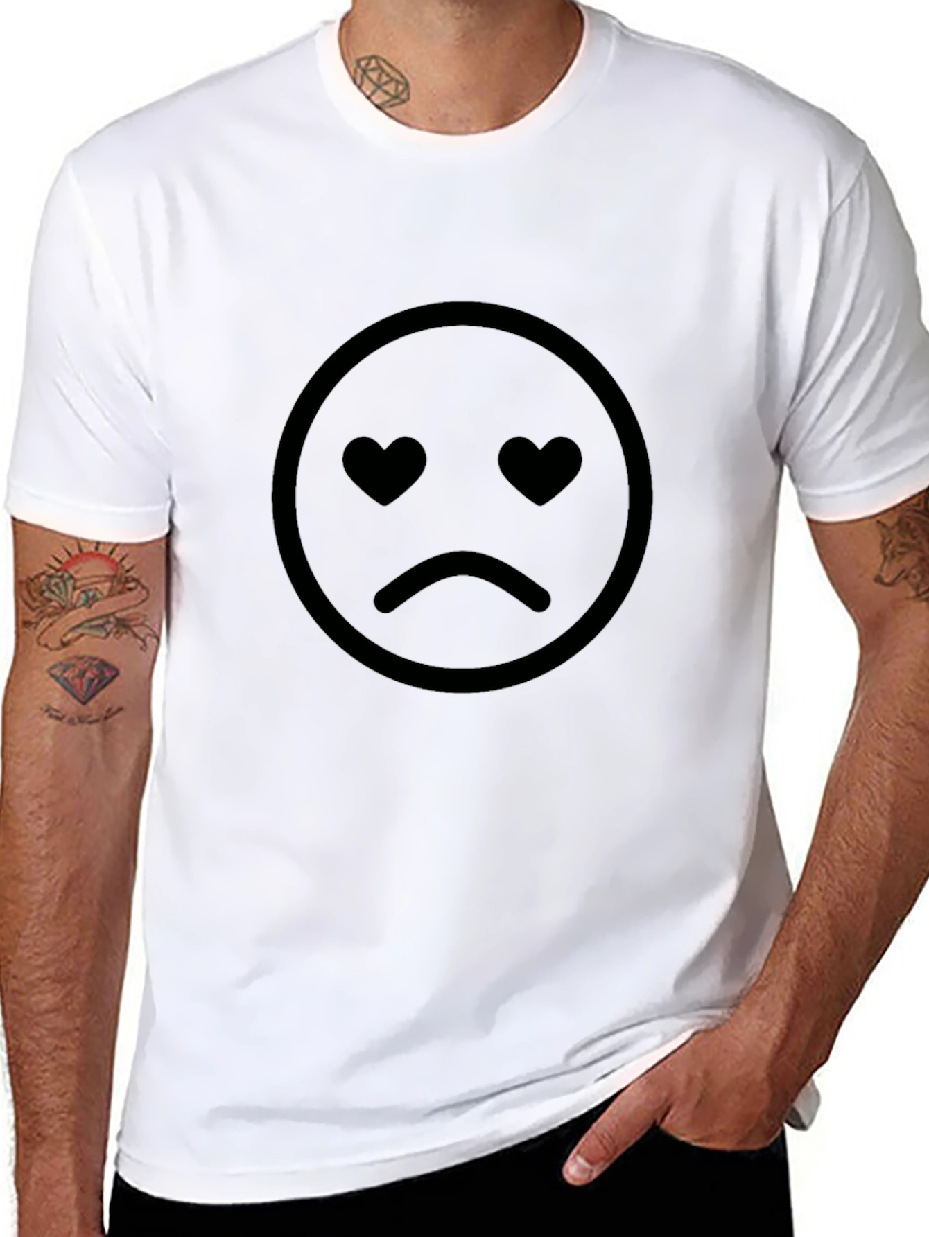 Sad Heart Eyes Emoji Graphic Black T-Shirt