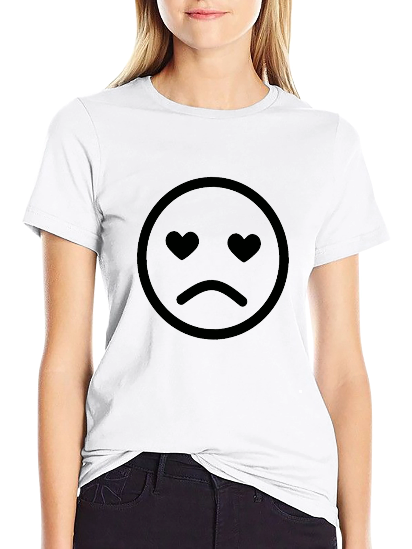 Sad Heart Eyes Emoji Graphic Black T-Shirt