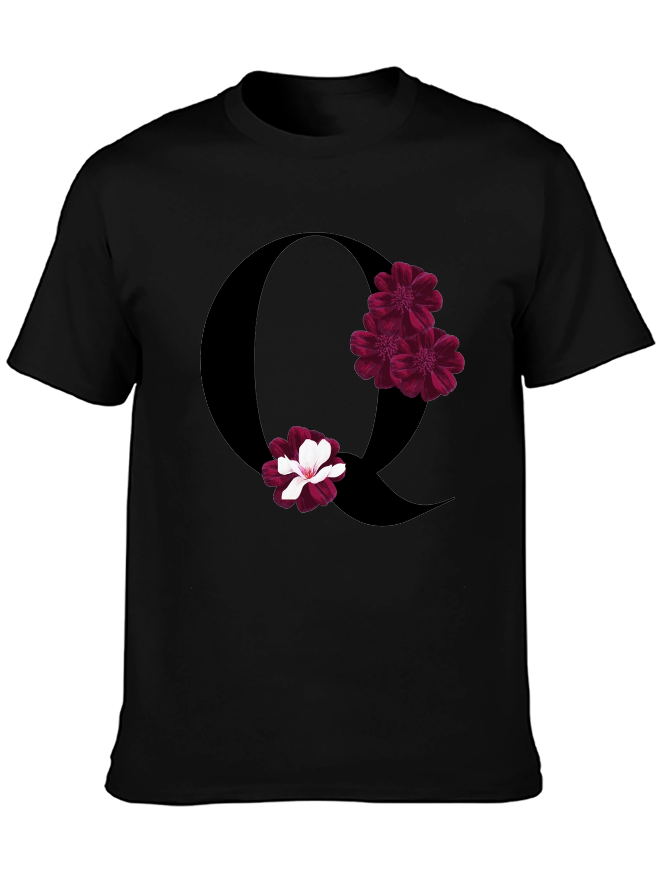 Floral Letter Q Black T-Shirt