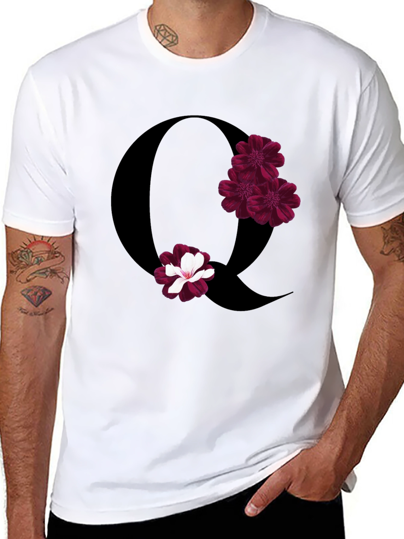Floral Letter Q Black T-Shirt