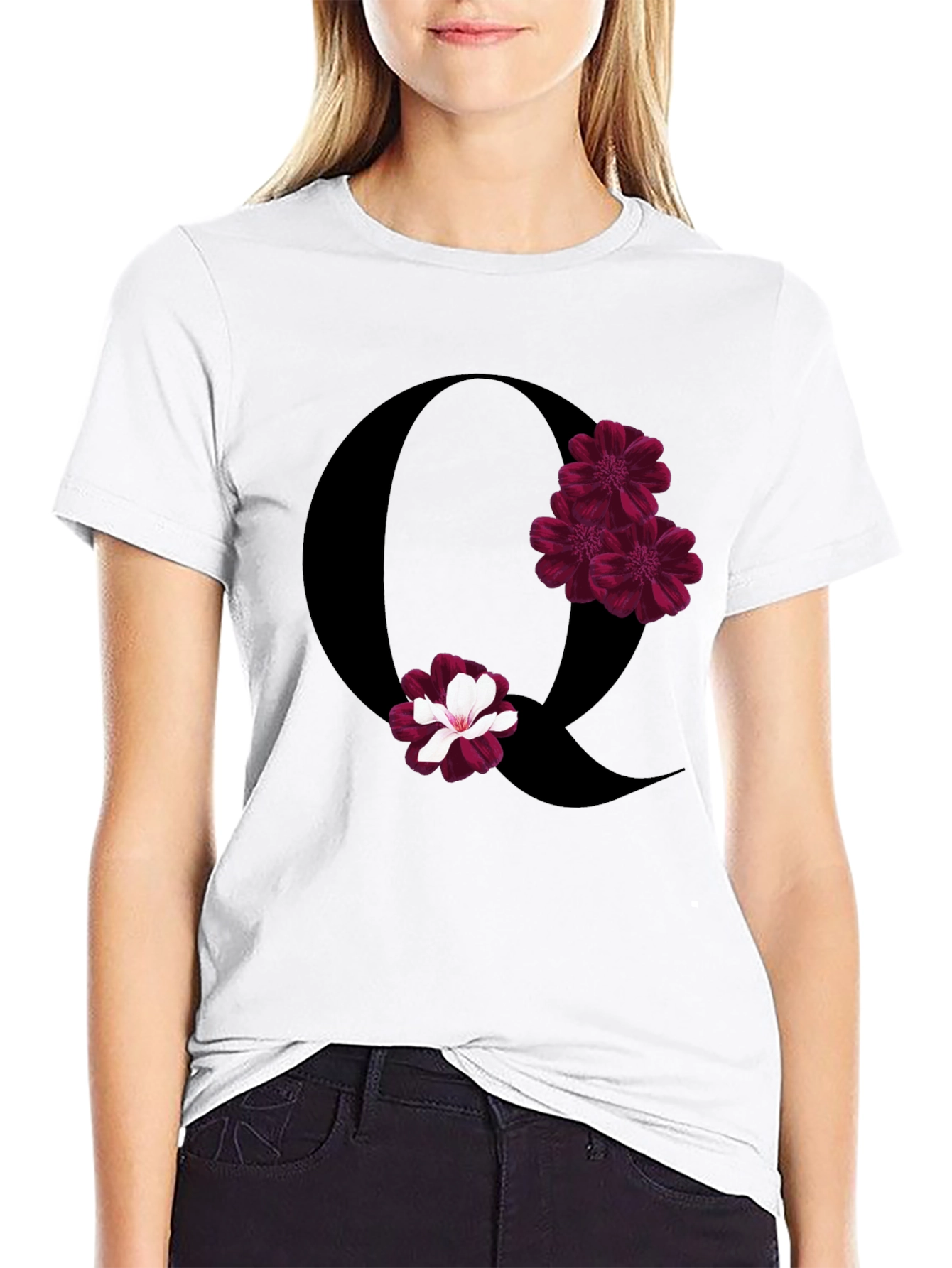 Floral Letter Q Black T-Shirt