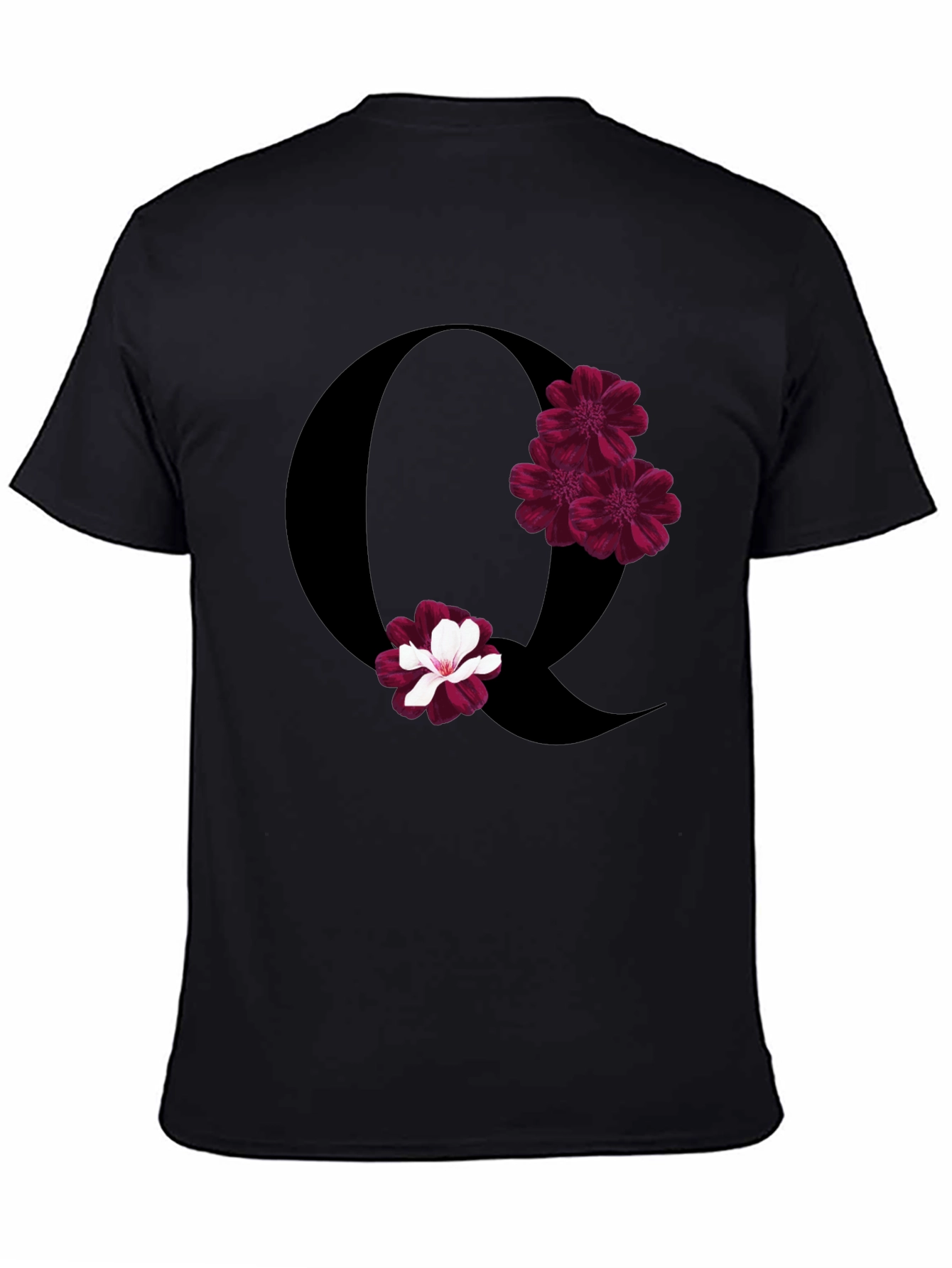 Floral Letter Q Black T-Shirt
