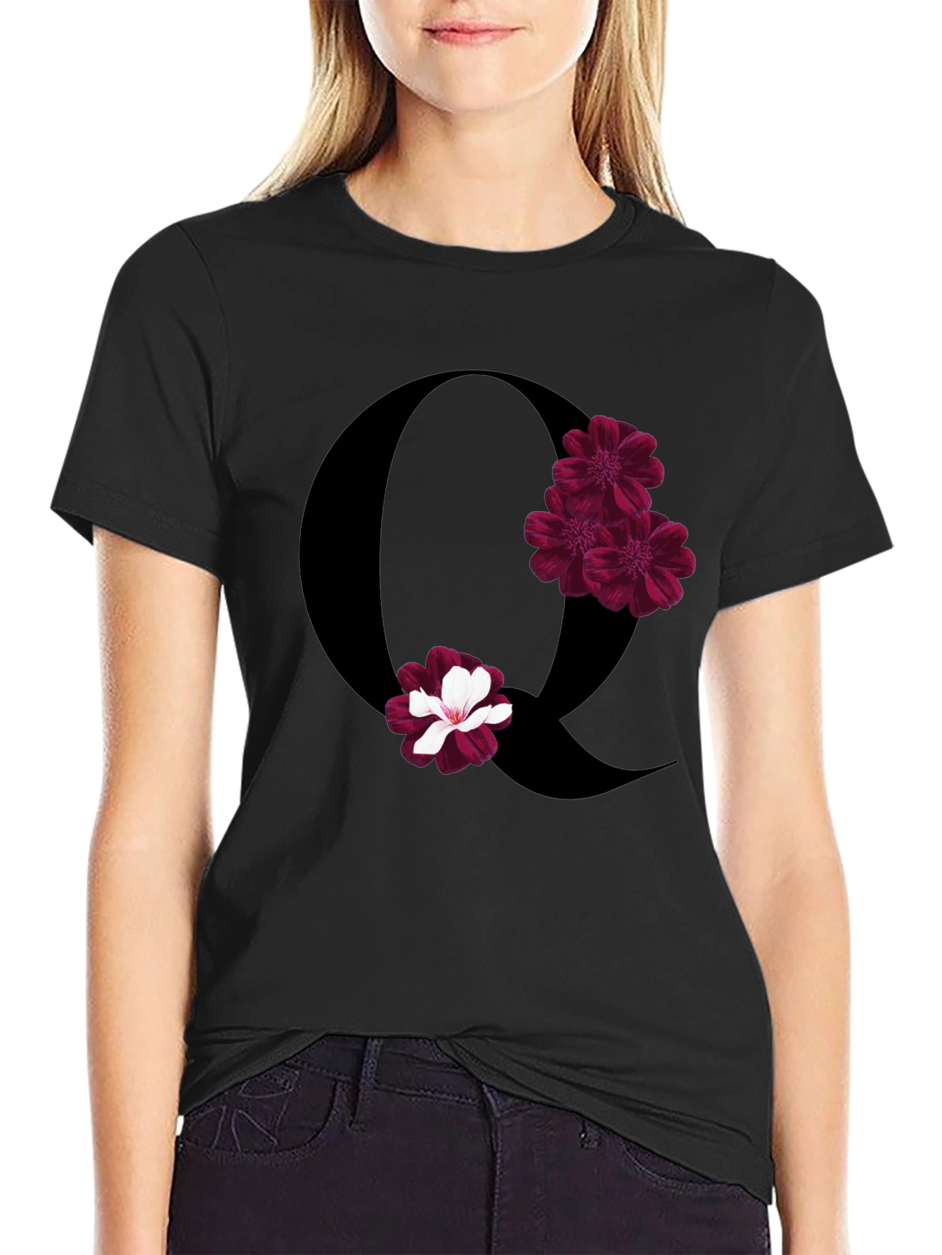 Floral Letter Q Black T-Shirt