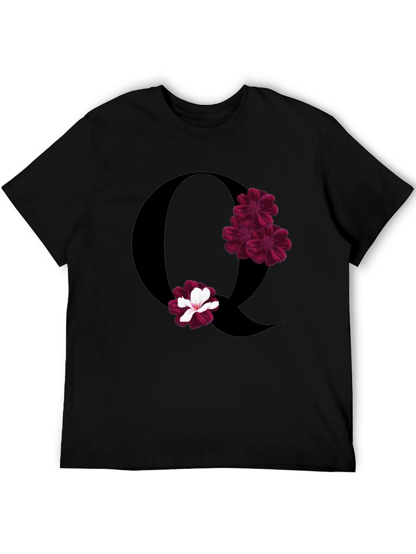 Floral Letter Q Black T-Shirt