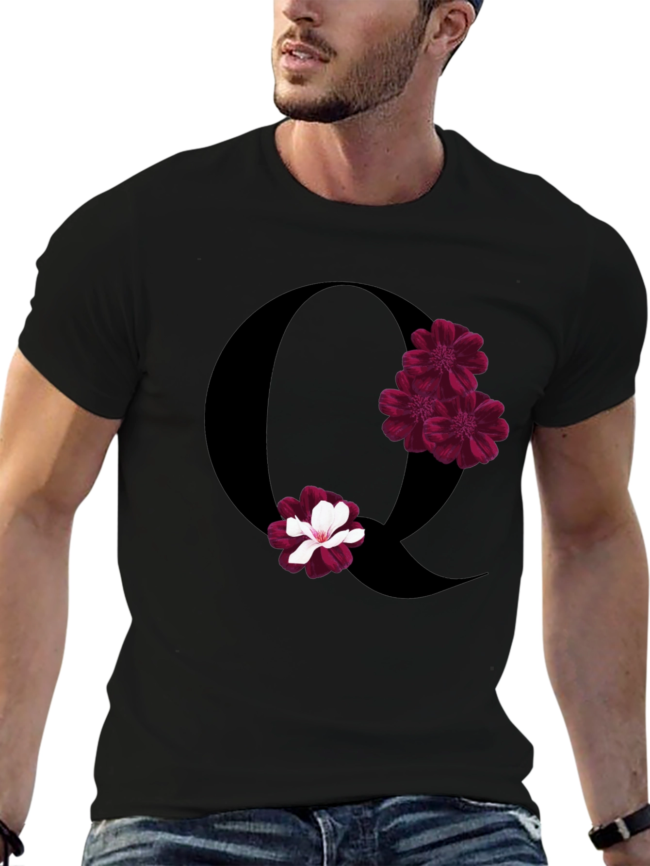 Floral Letter Q Black T-Shirt