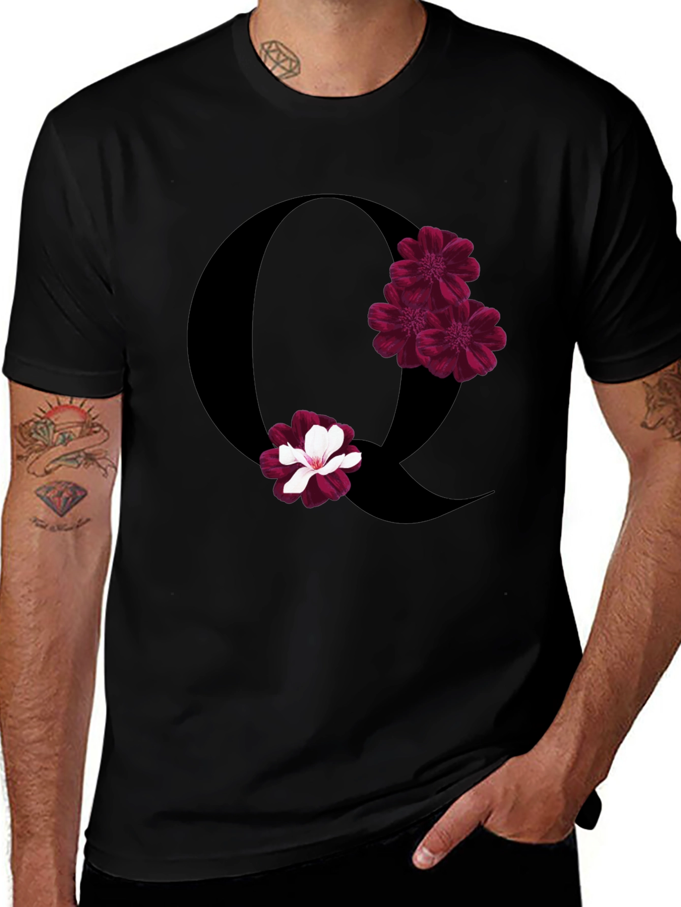 Floral Letter Q Black T-Shirt