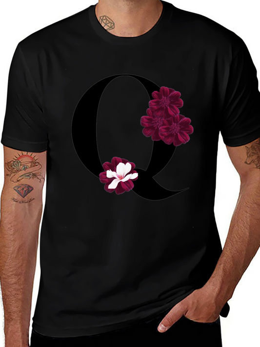 Floral Letter Q Black T-Shirt