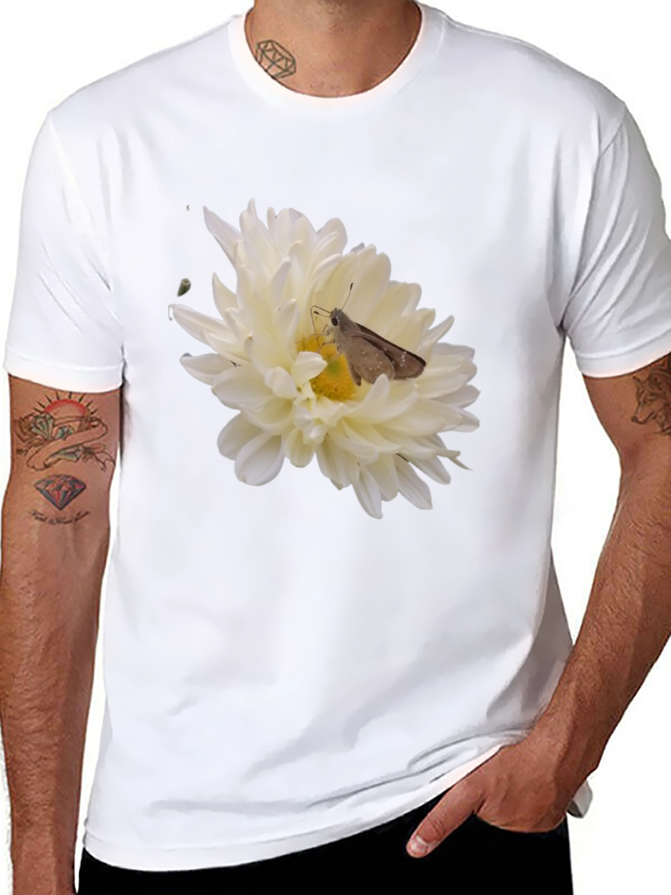 Black T-Shirt with Flower and Moth Design