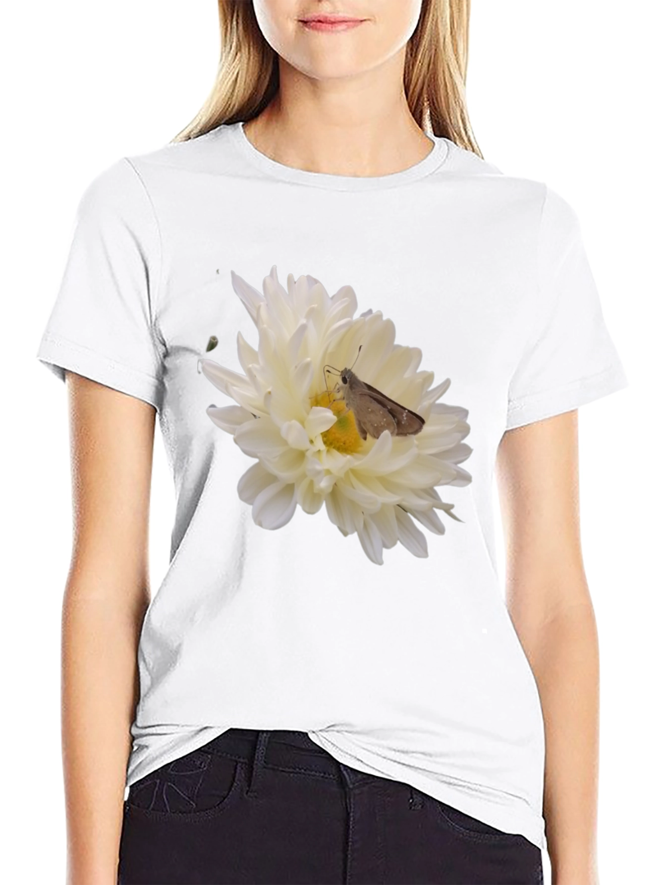 Black T-Shirt with Flower and Moth Design