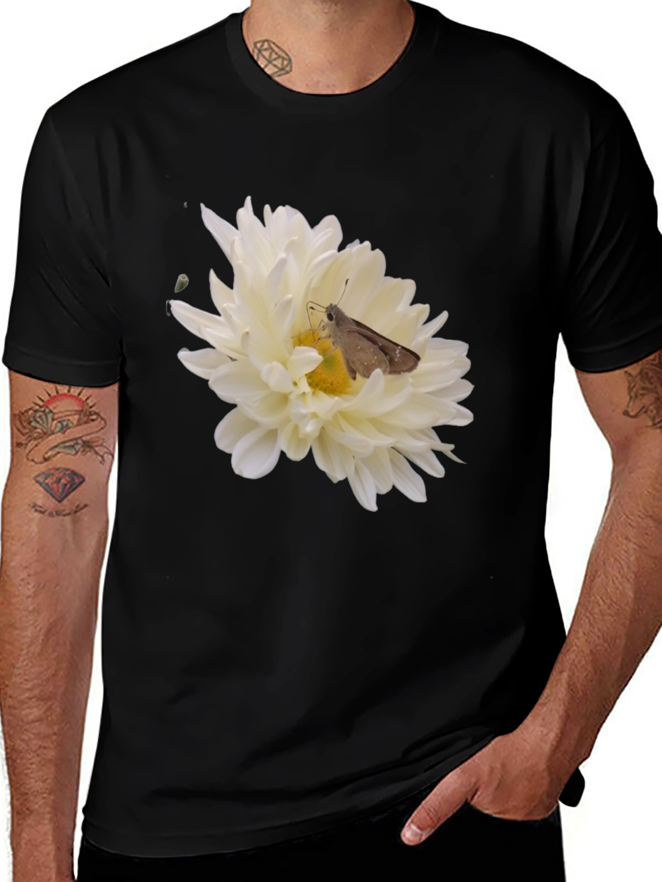Black T-Shirt with Flower and Moth Design